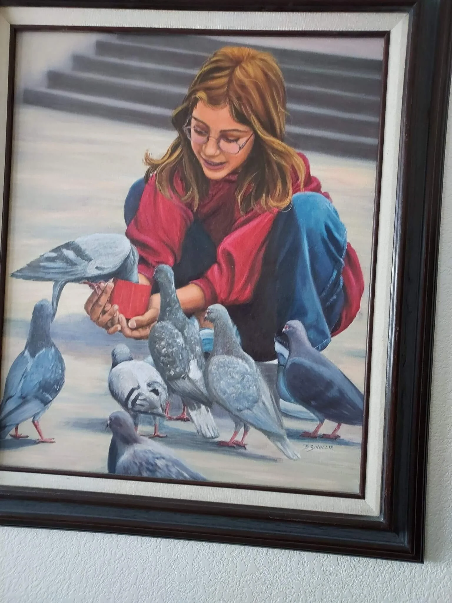 Painting of a woman with glasses and red hair feeding pigeons in a public space.