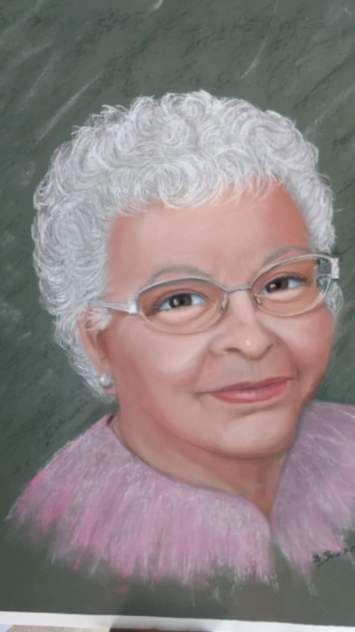 Painting of an elderly woman with white, curly hair, glasses, earrings, and a pink top, smiling at the camera.