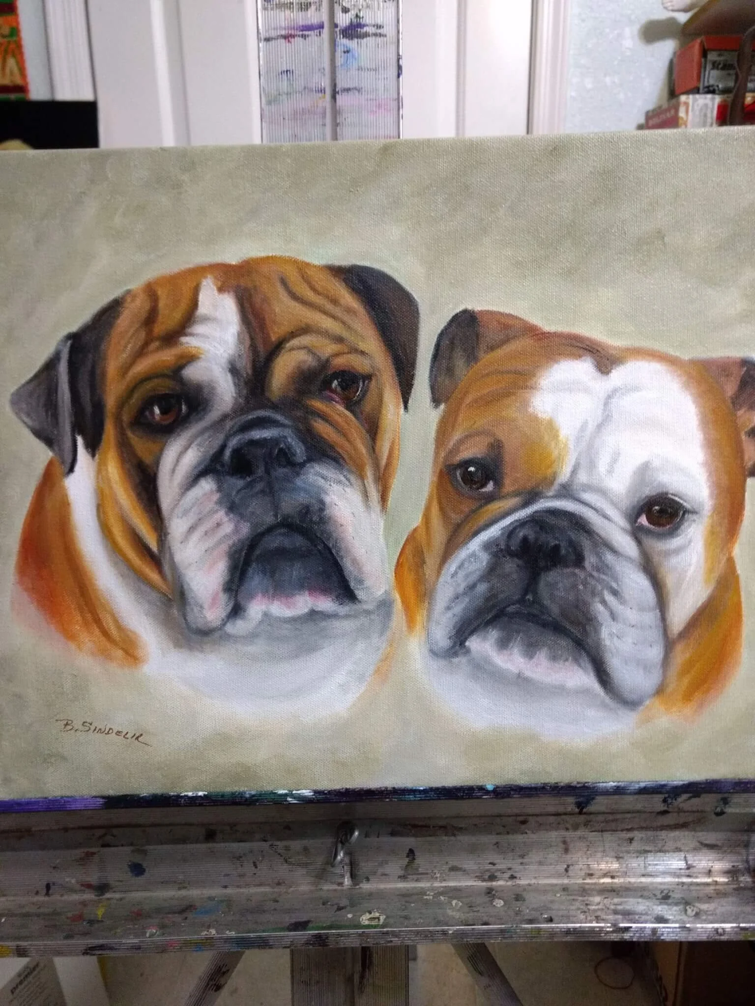 Painting of two bulldogs, one with darker fur and the other with lighter fur, against a plain background.