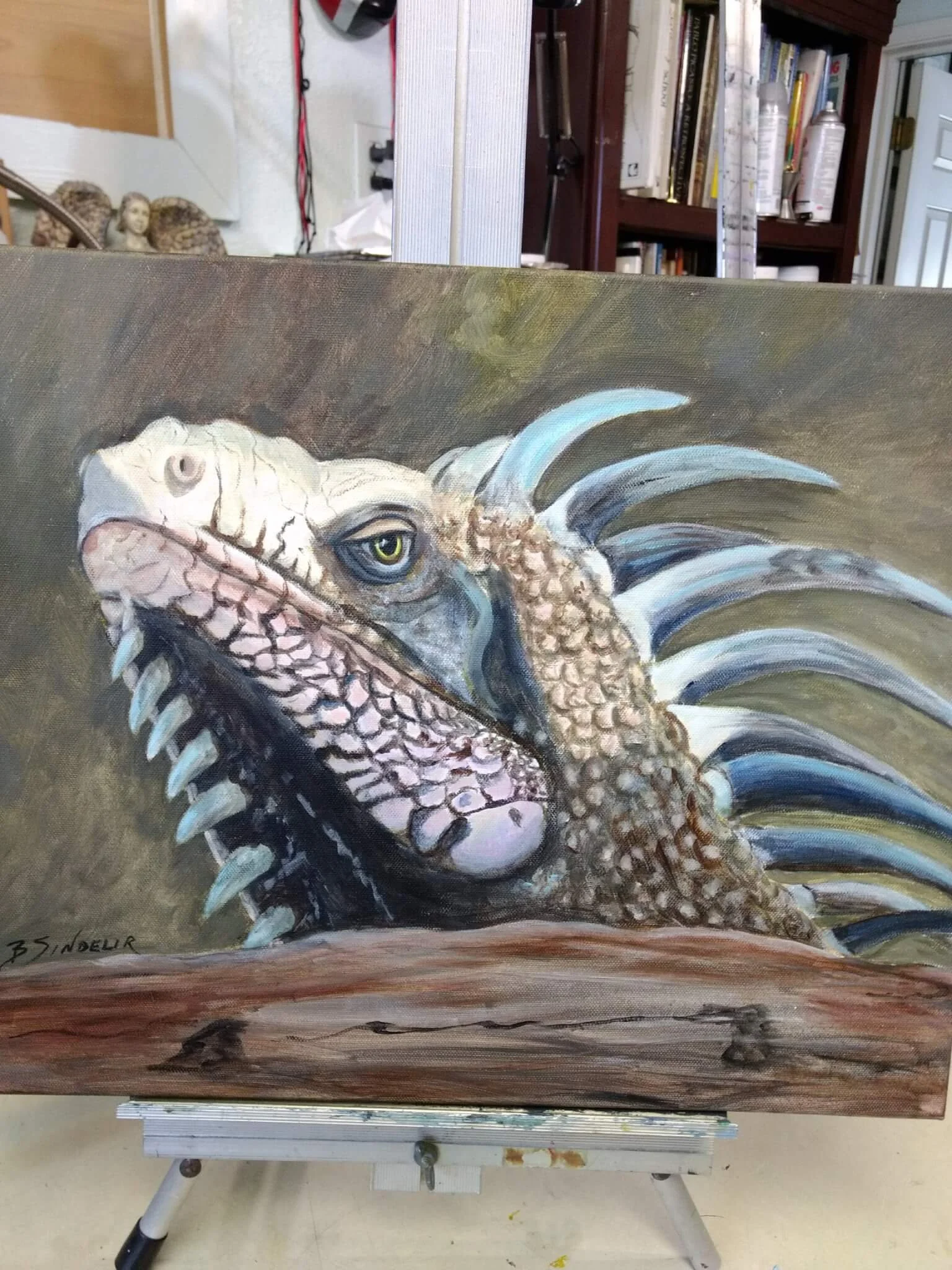 A detailed painting of a dinosaur, resembling a theropod with a large head, sharp teeth, a crest on its head, and spines down its back. The background is neutral, and the artist's signature is visible in the bottom left corner.