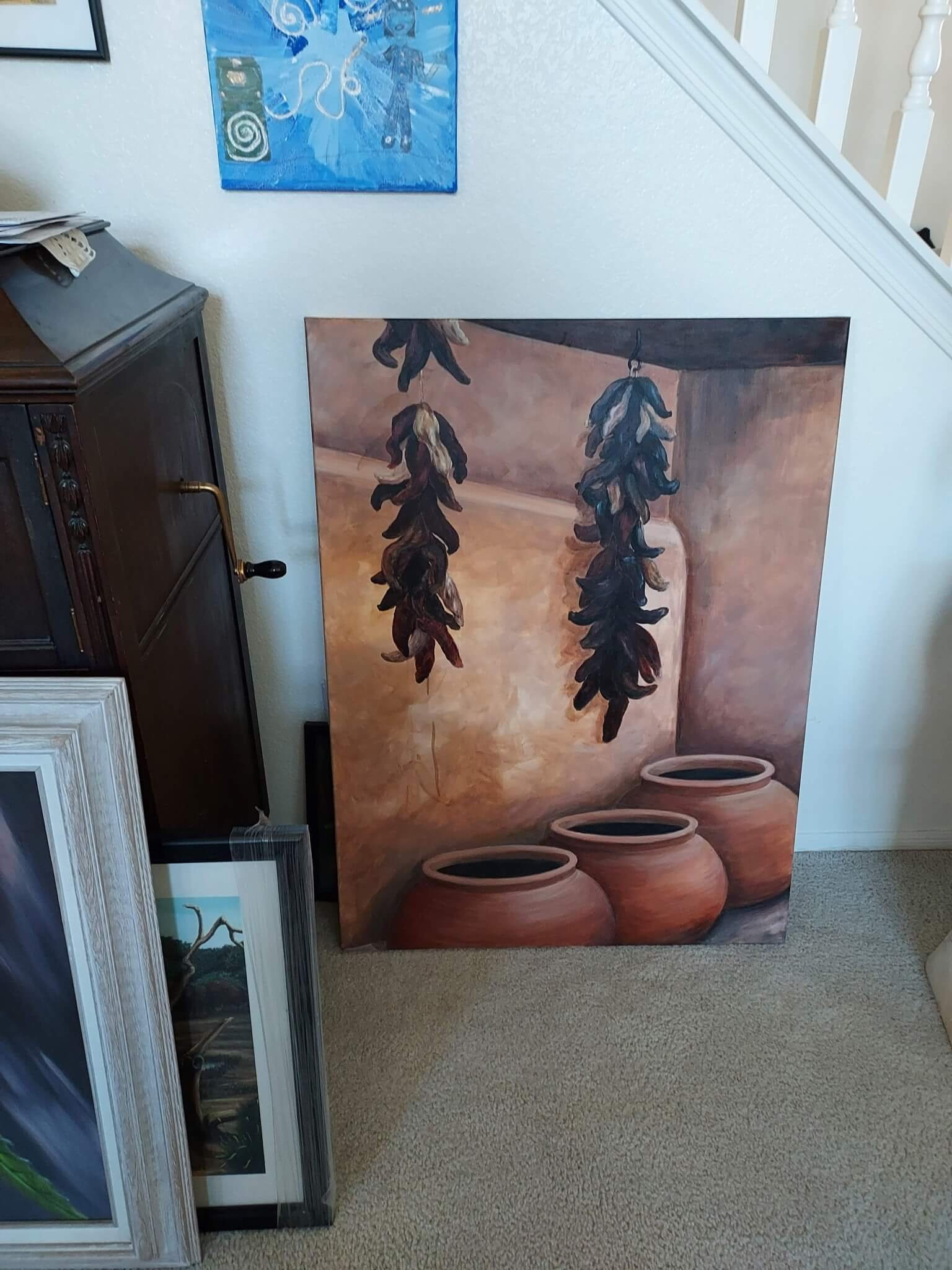 A still life painting featuring three large clay pots and three hanging bunches of dried purple flowers against a beige and brown background.