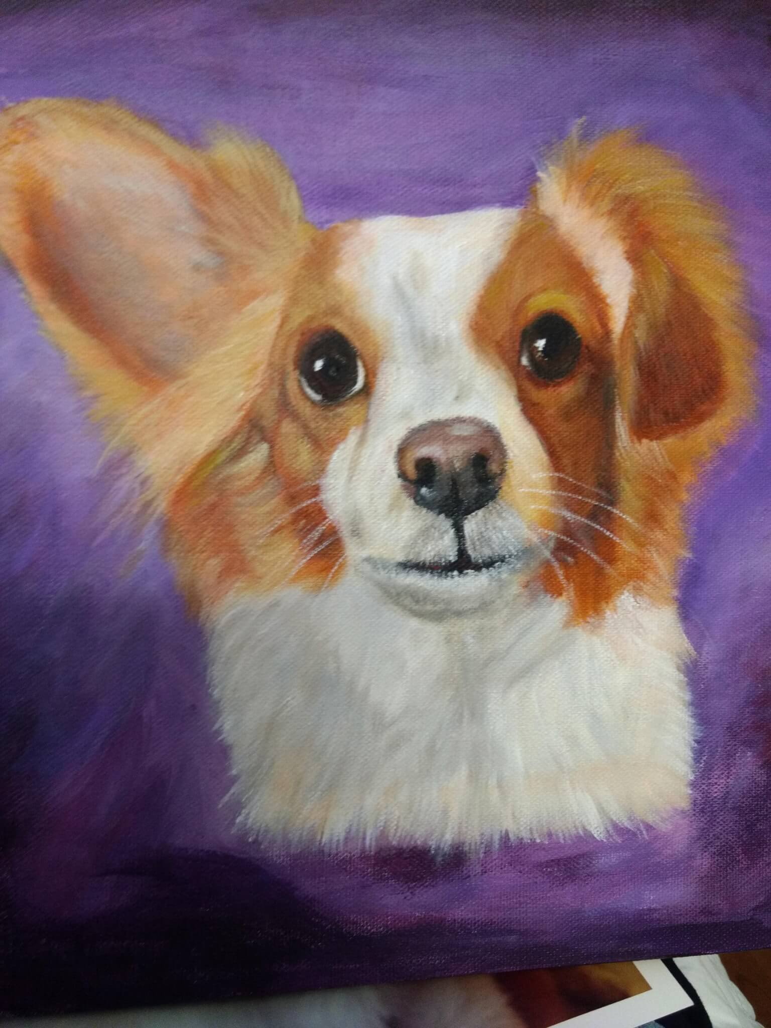 Painting of a dog with large ears and a white and brown coat, set against a purple background.