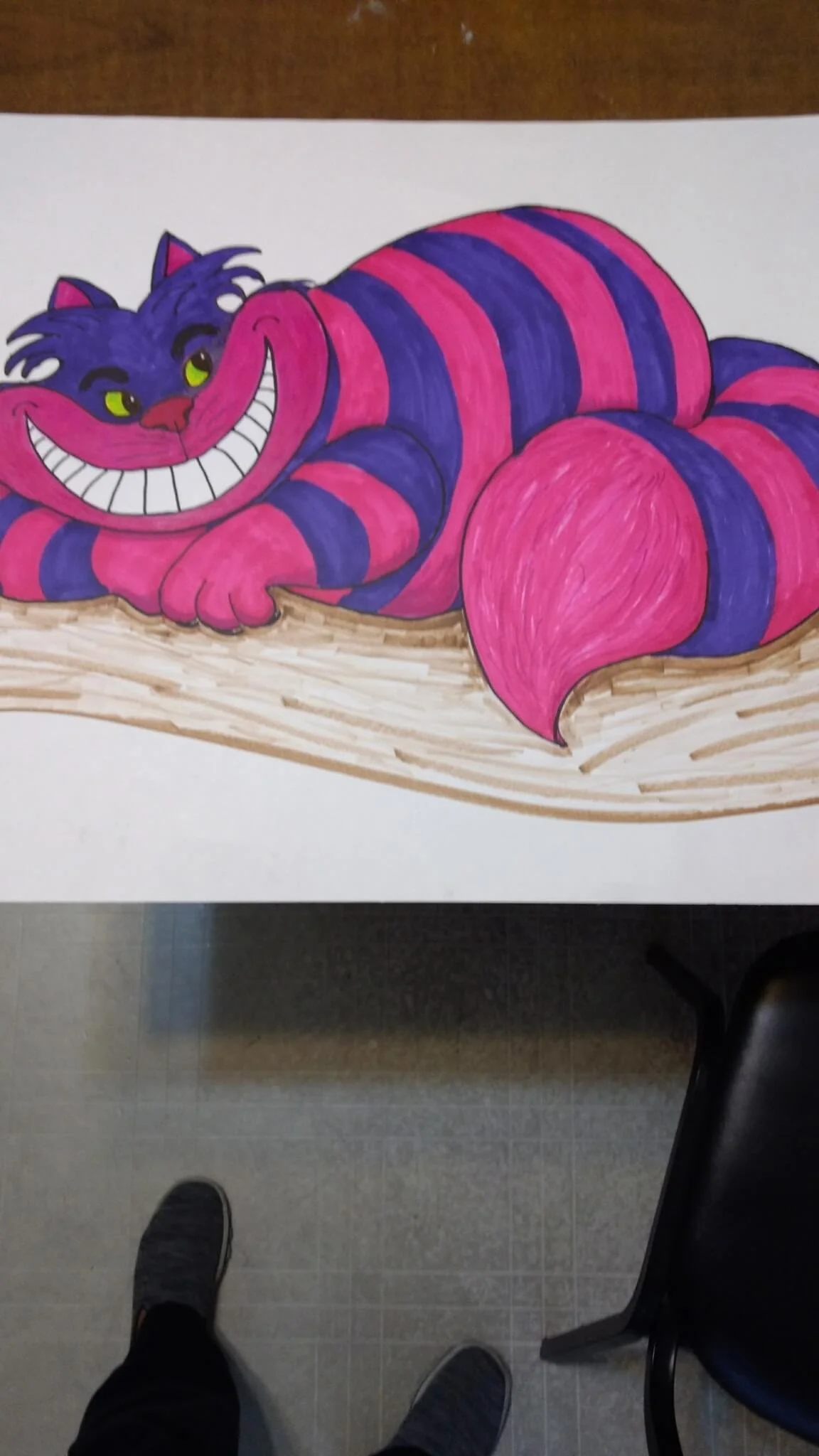 Colorful drawing of the Cheshire Cat from Alice in Wonderland, lying on a branch with a big, mischievous grin, purple and pink striped fur, and bright green eyes.
