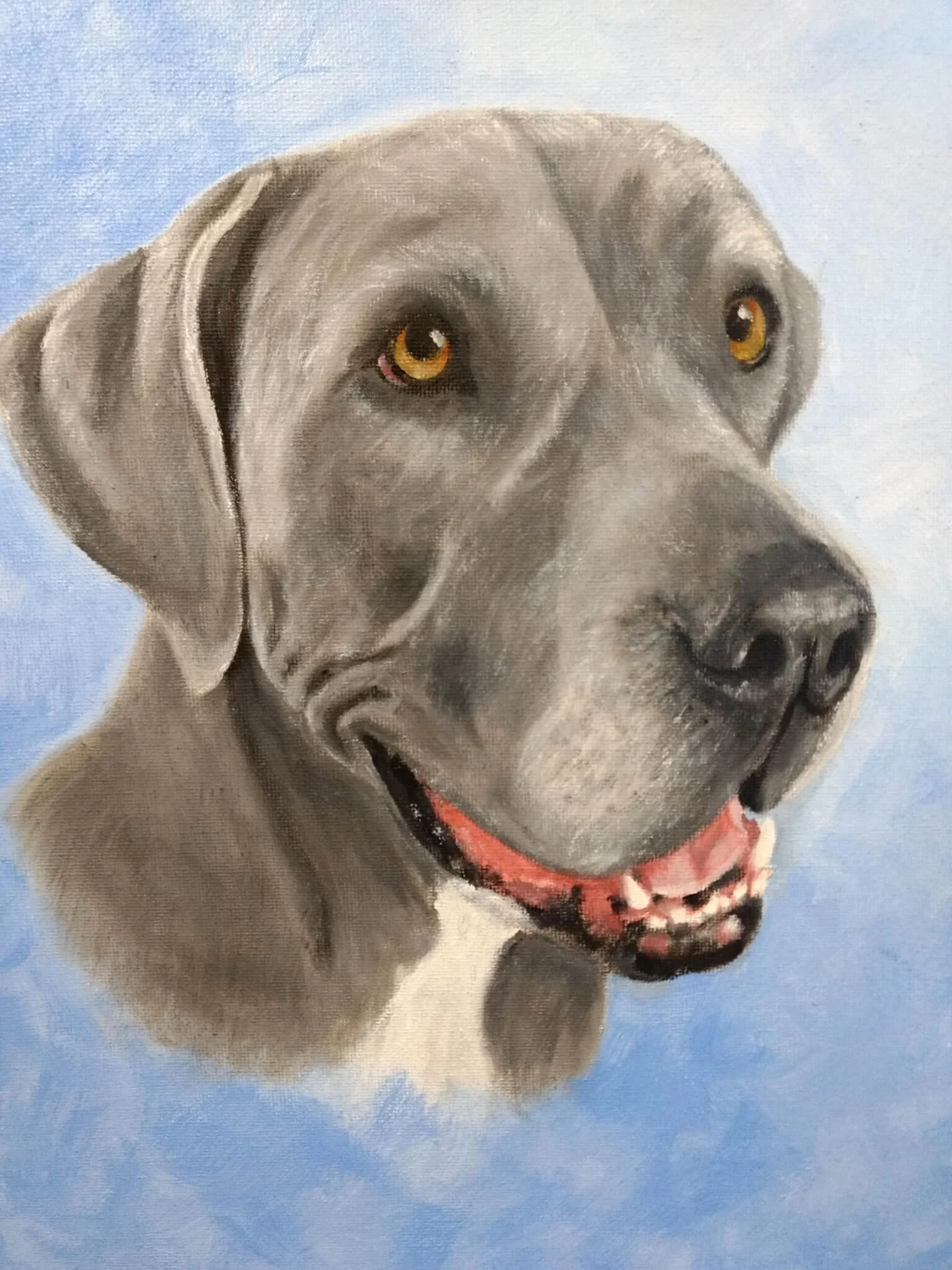 Painting of a gray dog with yellow eyes, looking to the right, with a blue background.