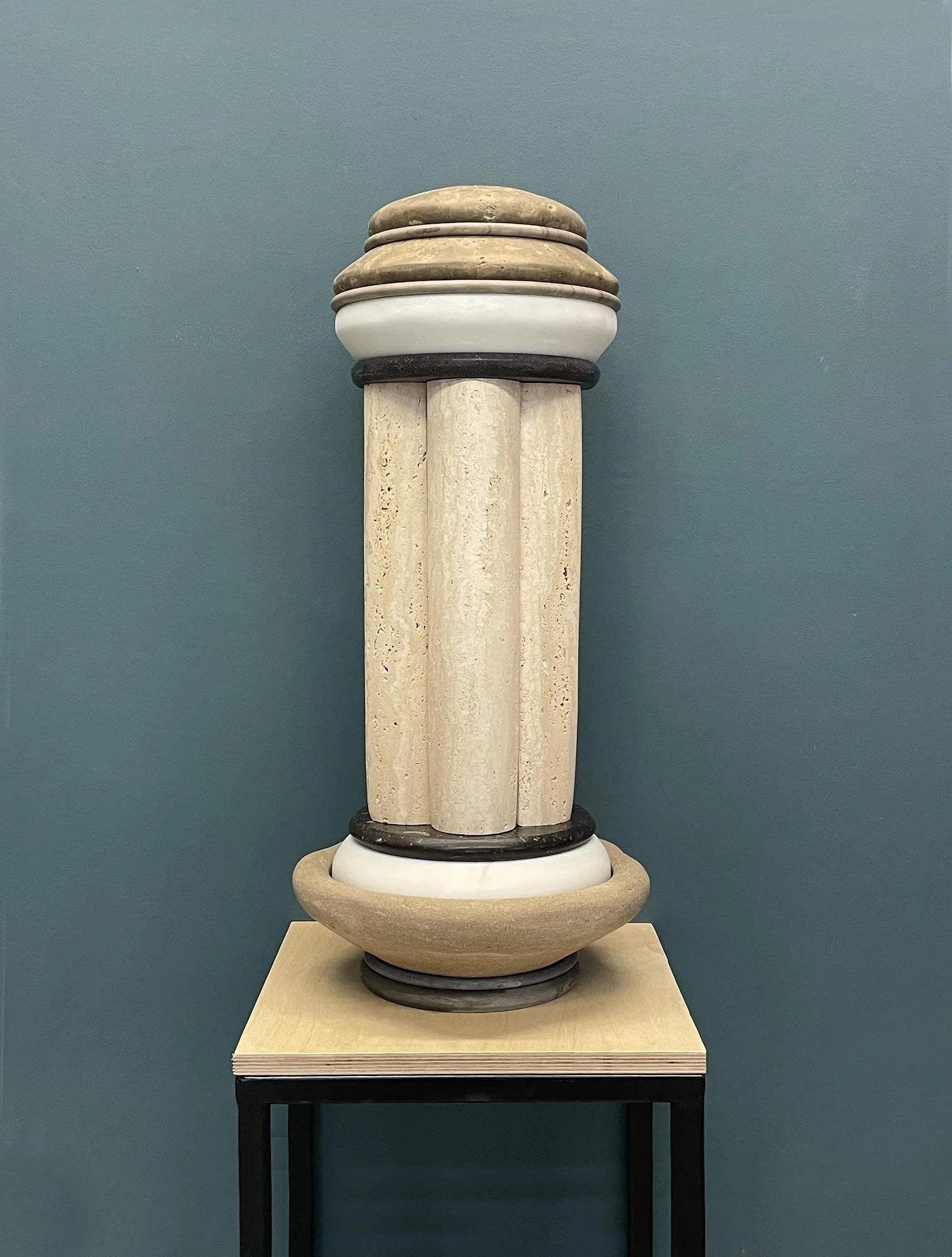 Stories We Tell 3,  2026, Travertine and Marble, 29 1/2 x 13 x 13 inches