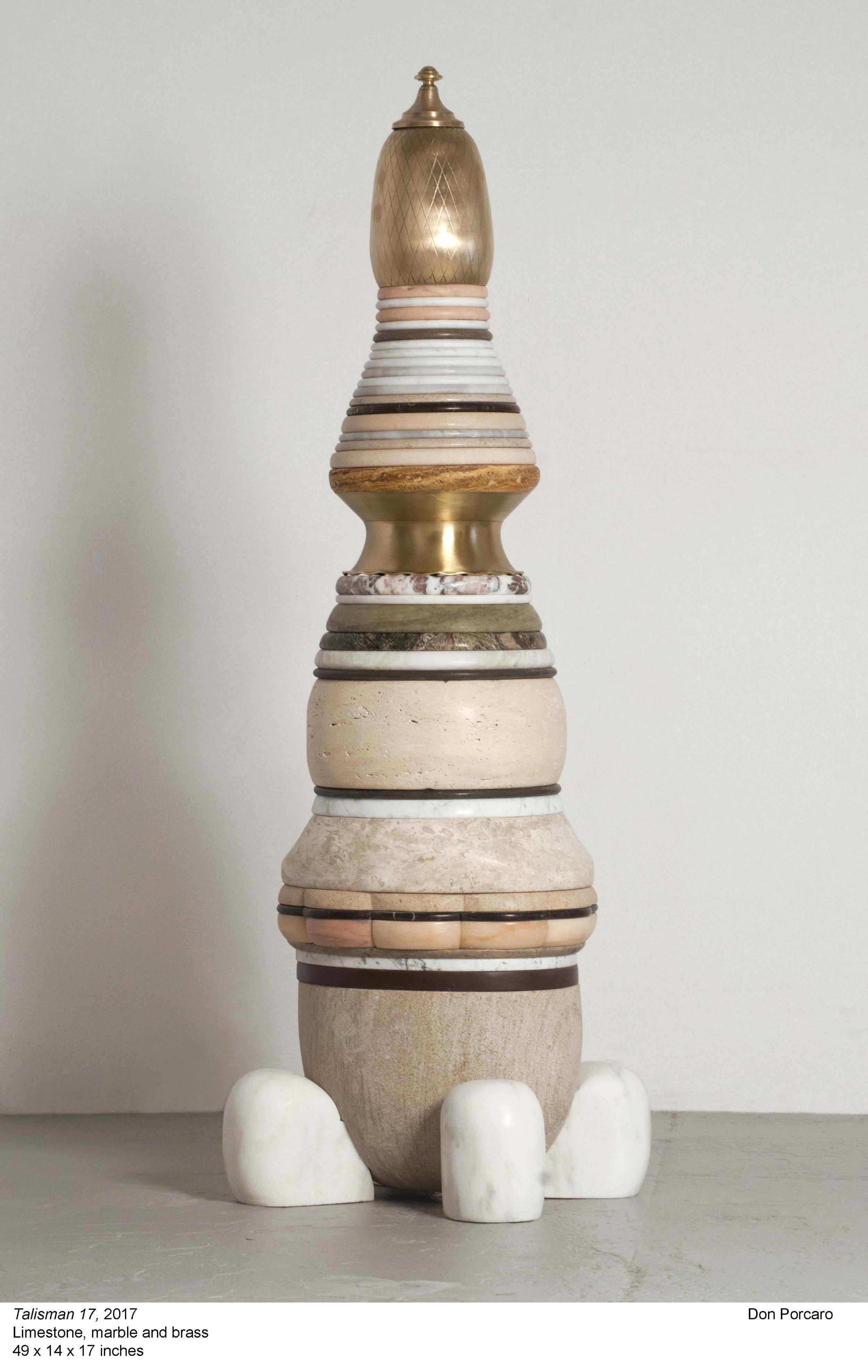 Talisman 17, 2017, Limestone, marble and brass, 49 x 14 x 17 inches