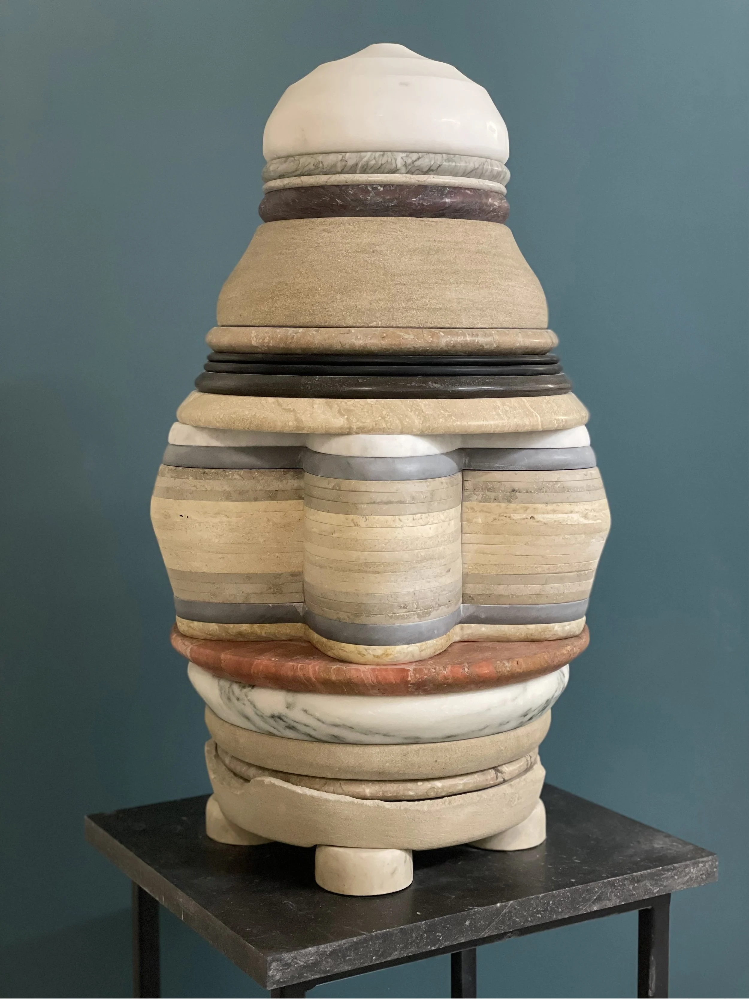 Lost Stories 6, 2025, Limestone and marble, 
32 1/2 x 18 x 18 inches