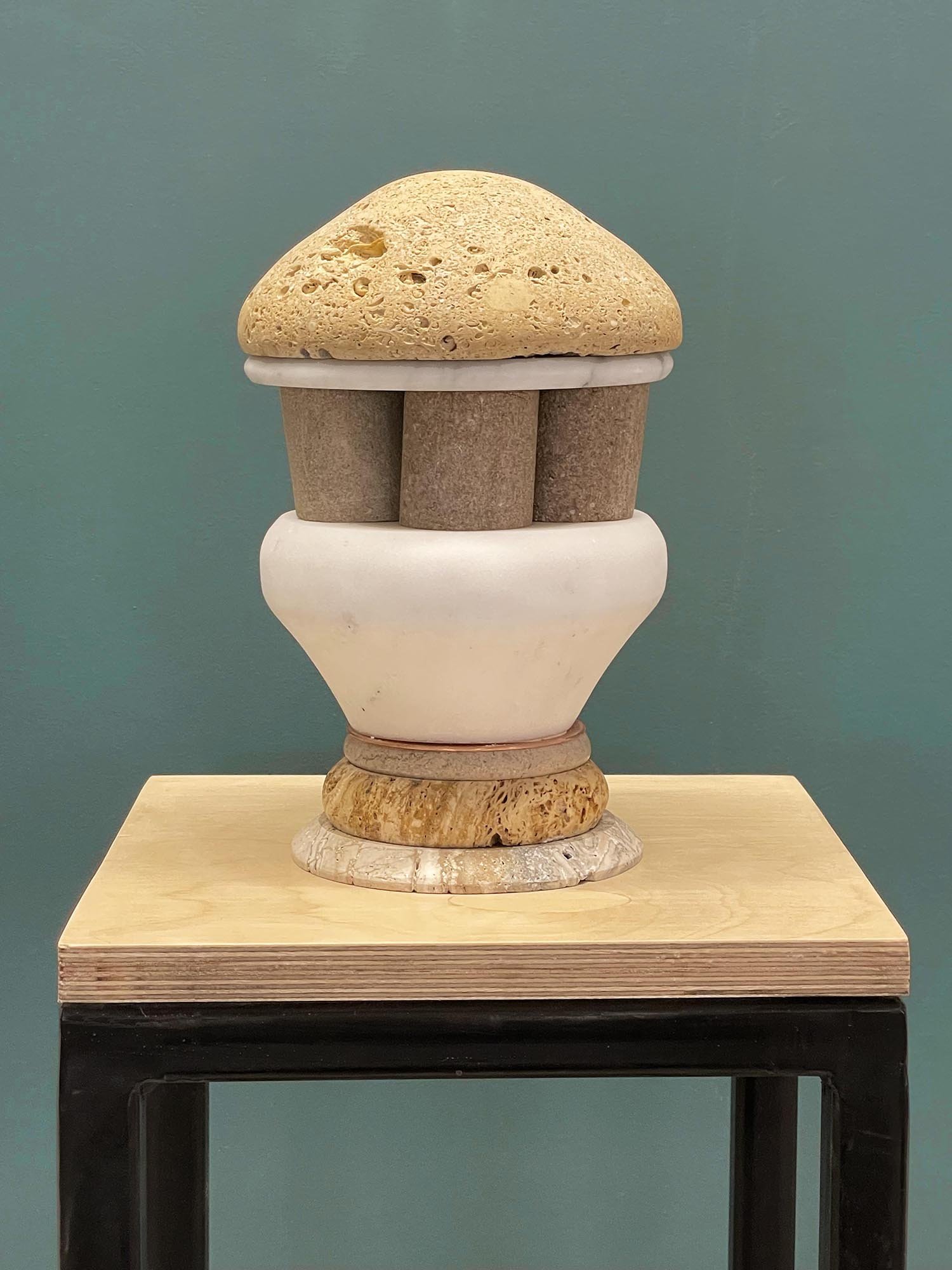 Stories We Tell 2, 2026, Limestone, marble, travertine, copper, 10 1/2 x 6 x 6 inches