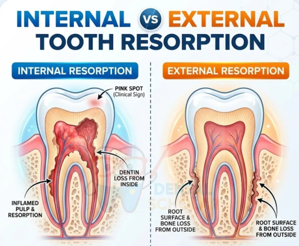 Comparison diagram of internal versus external tooth resorption showing inflamed pulp, pink clinical sign, dentin loss inside, and root/bone loss outside.