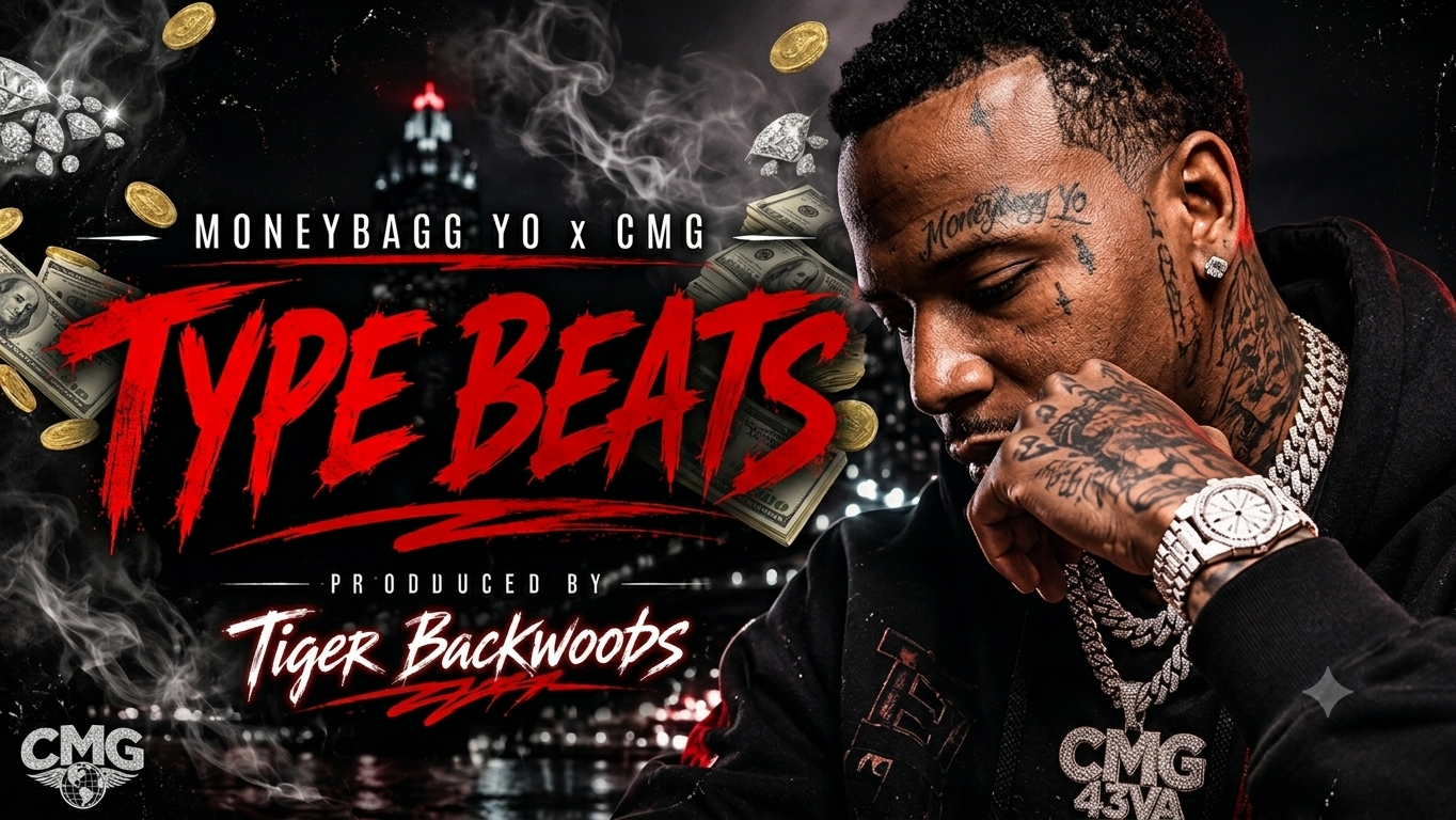 Promotional artwork for a music collaboration featuring a young man with tattoos, jewelry, and a luxury watch, with cash and gold coins floating around, dark city skyline background, text promoting "Type Beats" produced by Tiger Backwoops.