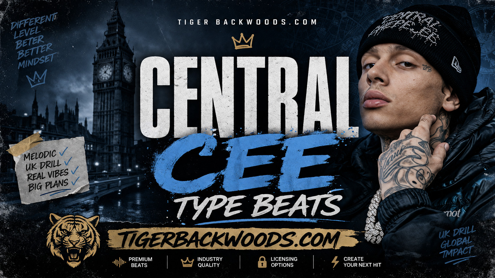 Promotional poster for Central Cee Type Beats, featuring a young man with tattoos and a black beanie, with Big Ben and the London skyline in the background. Includes text about the product, website tigerbackwoods.com, and features like premium beats, industry quality, licensing options, and creating hits.
