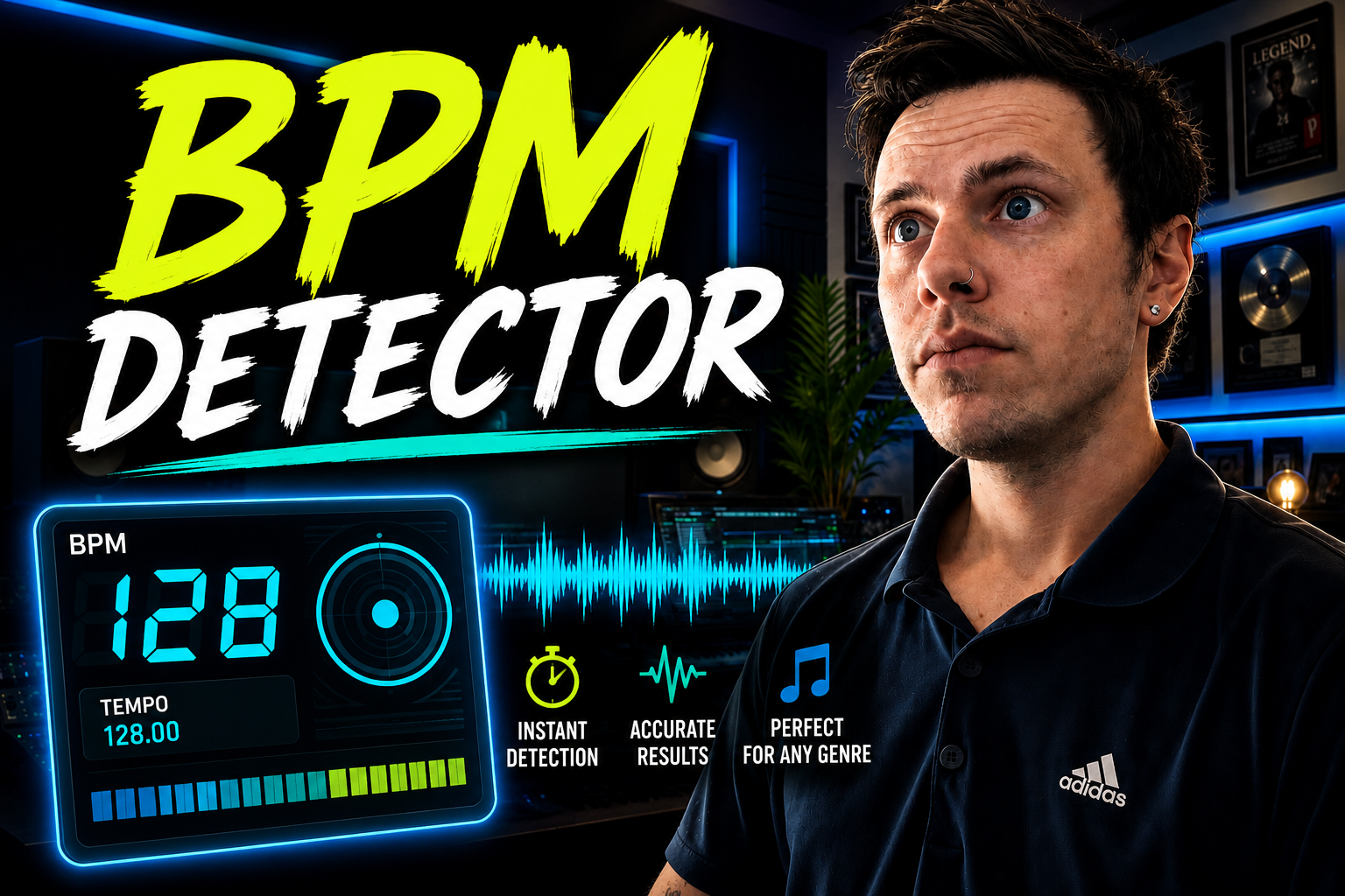 A young man with dark hair, blue eyes, and piercings in his nose and ears, looking to the side in a music studio with BPM detection technology displayed on a screen. The background features sound equipment and framed music awards, with a neon blue and yellow neon theme.