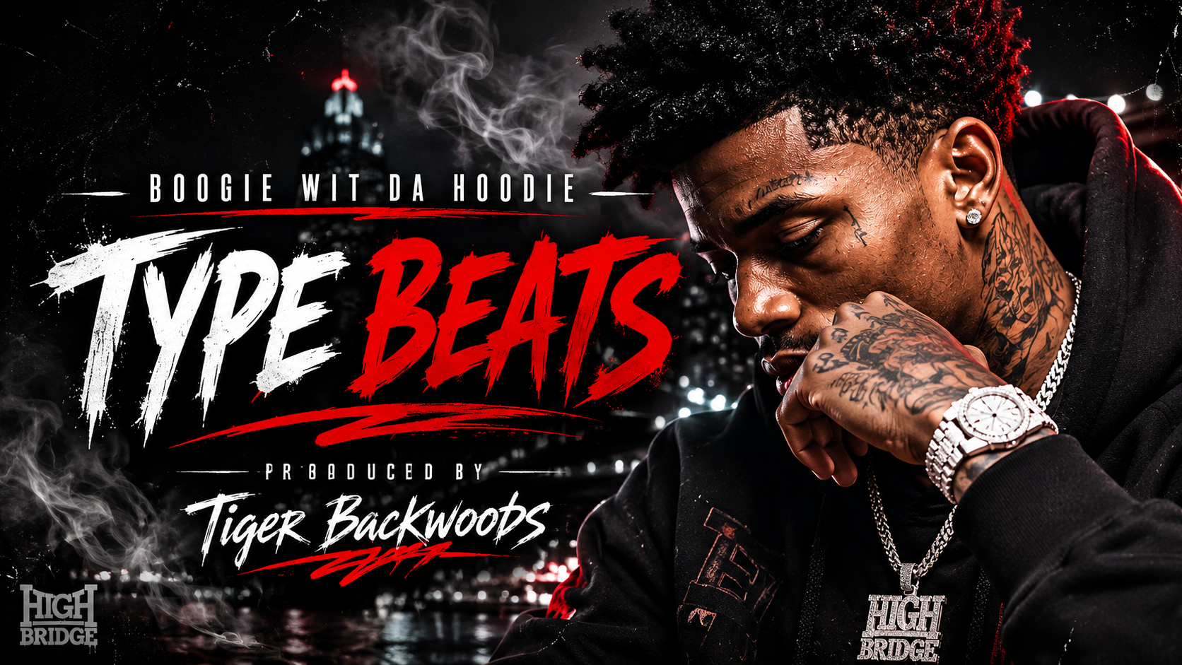 Promotional poster for music beats featuring a young man with tattoos and jewelry, with city lights and smoke in the background, advertising 'Type Beats' produced by Tiger Backwoods.