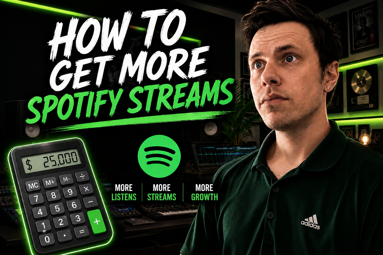 A young man with dark hair, wearing an Adidas shirt, standing in a music studio with awards and electronic equipment, next to a promotional sign that reads 'How to Get More Spotify Streams' with a digital calculator showing 25,000 and a Spotify logo.