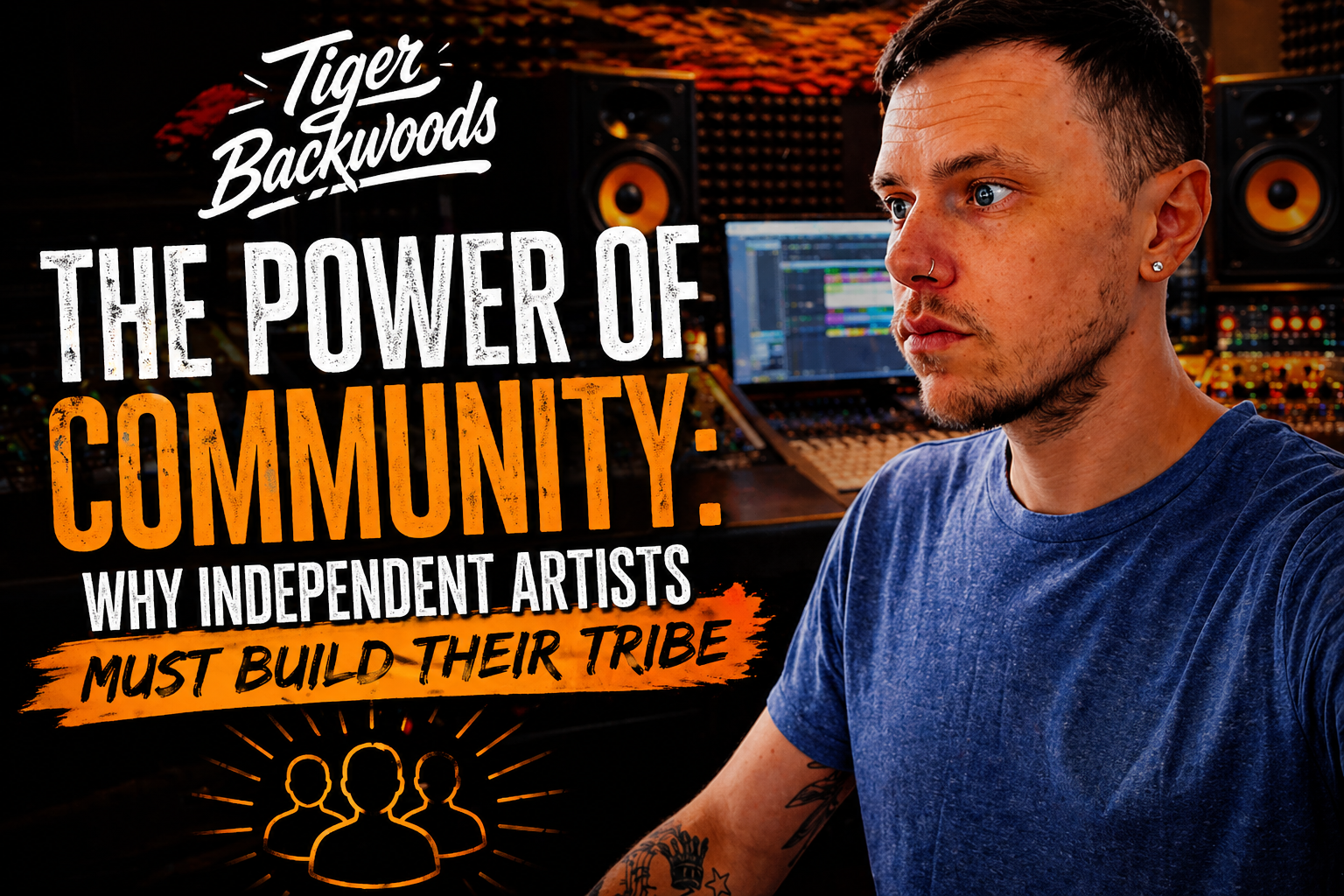 A person with tattoos and a nose piercing in a recording studio with music equipment and speakers, overlaid with text about community and independent artists.