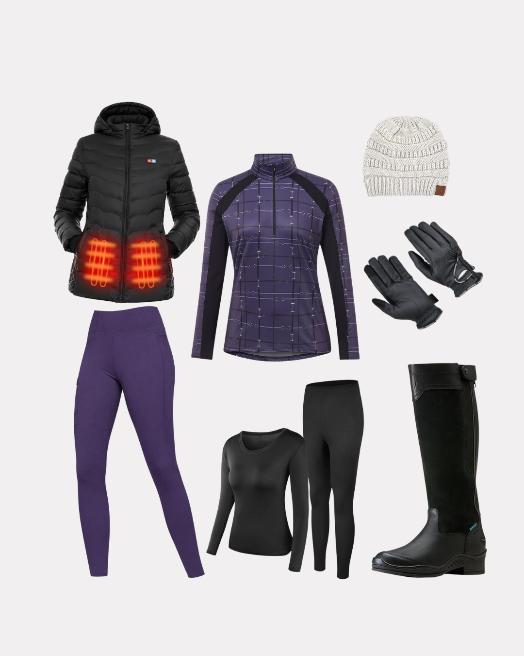Extra-warm winter riding outfit with a heated jacket, quarter zip fleece, thermal base layers, fleece-lined riding breeches, knit beanie, gloves, and tall riding boots.
