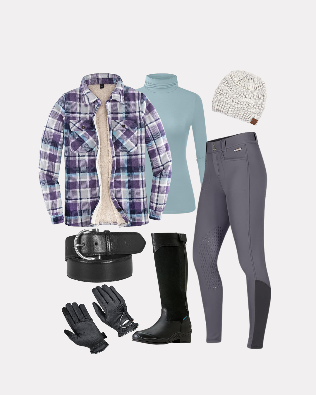 Women’s winter barn outfit with sherpa-lined flannel shirt jacket, turtleneck base layer, fleece-lined riding breeches, tall insulated riding boots, knit beanie, and riding gloves.