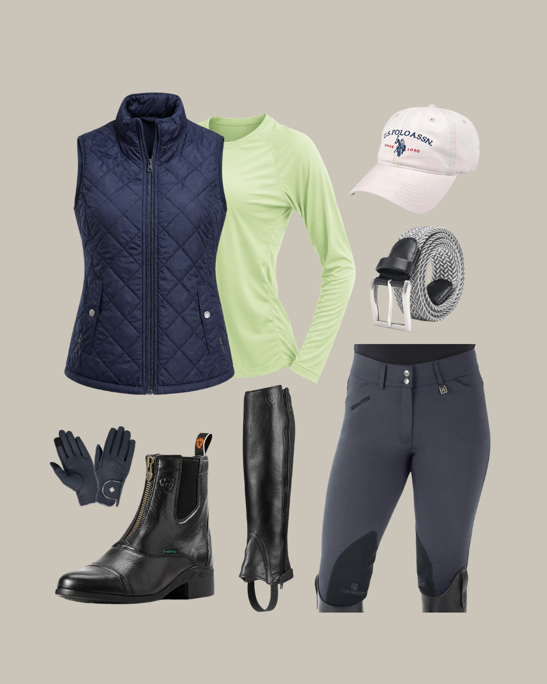 Spring barn outfit with navy quilted vest, light green long sleeve shirt, riding breeches, paddock boots with half chaps, gloves, and cap.