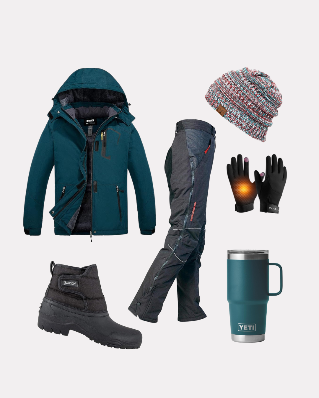 Winter barn outfit featuring a dark teal waterproof jacket, black riding breeches, knit beanie, insulated gloves, winter paddock boots, and a travel mug.