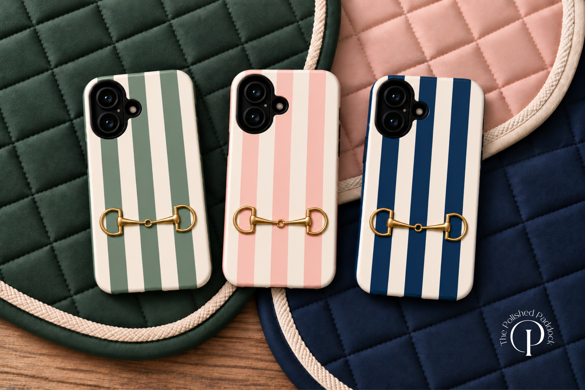 Phone cases with green, pink, and blue stripes with a gold snaffle bit.