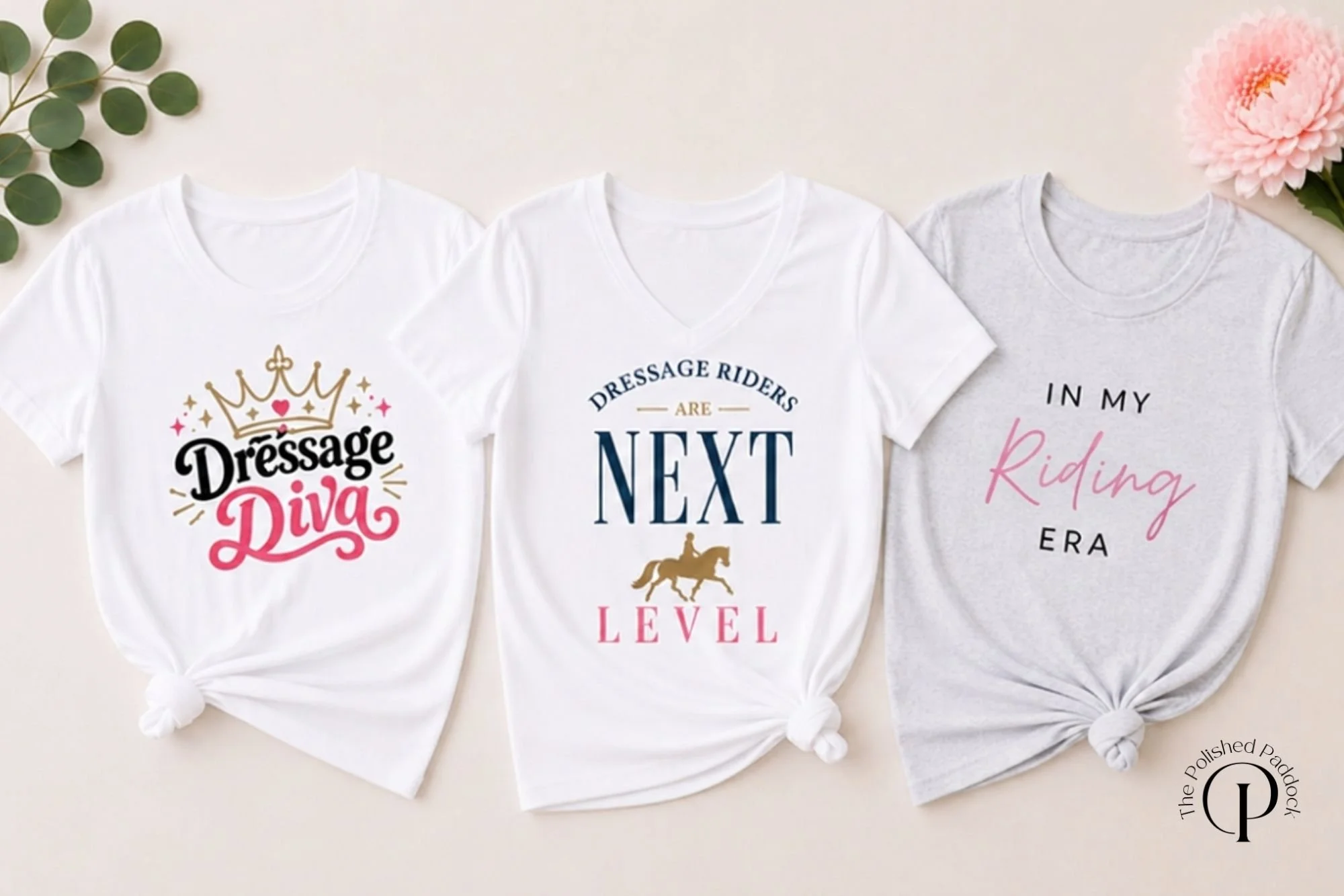 Three dressage T-shirts for equestrians