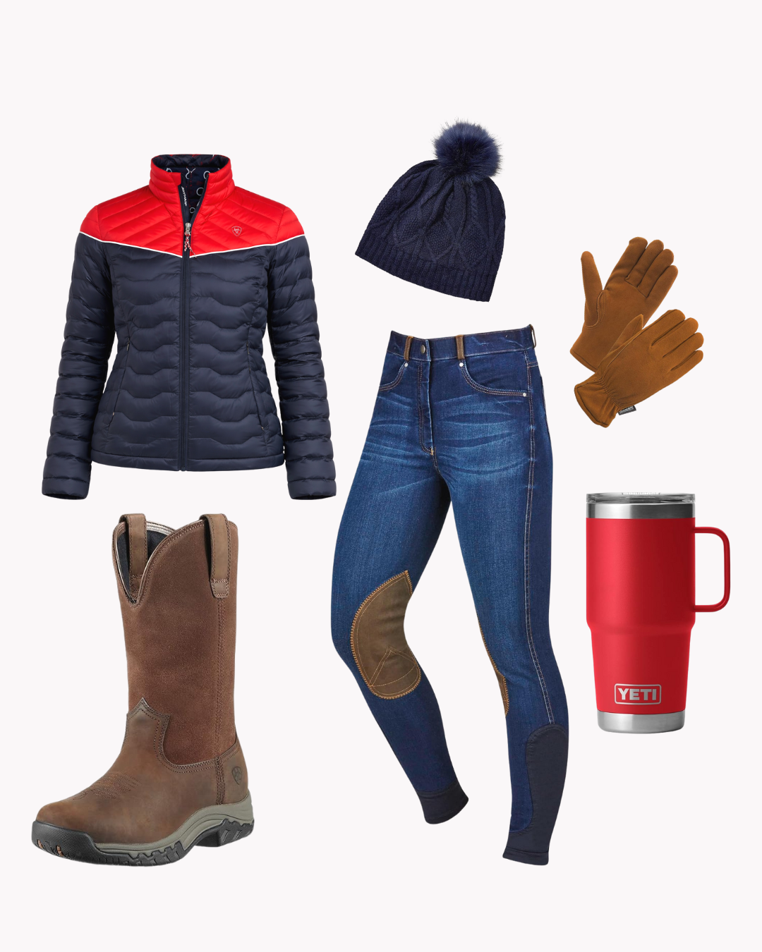 Sporty winter riding outfit with a down jacket, denim riding breeches, knit beanie, leather gloves, and waterproof pull-on boots.