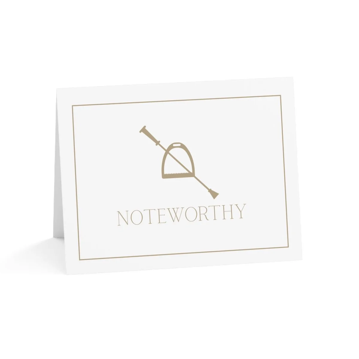 Folded card with stirrup and crop that reads Noteworthy