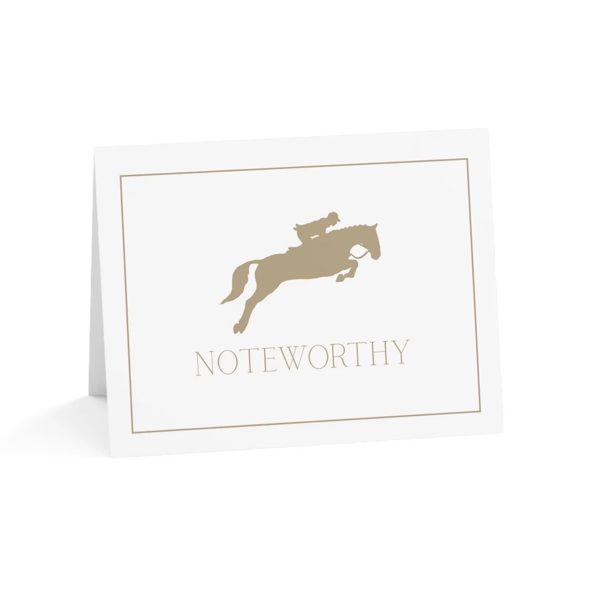 Folded card with jumping horse that reads Noteworthy