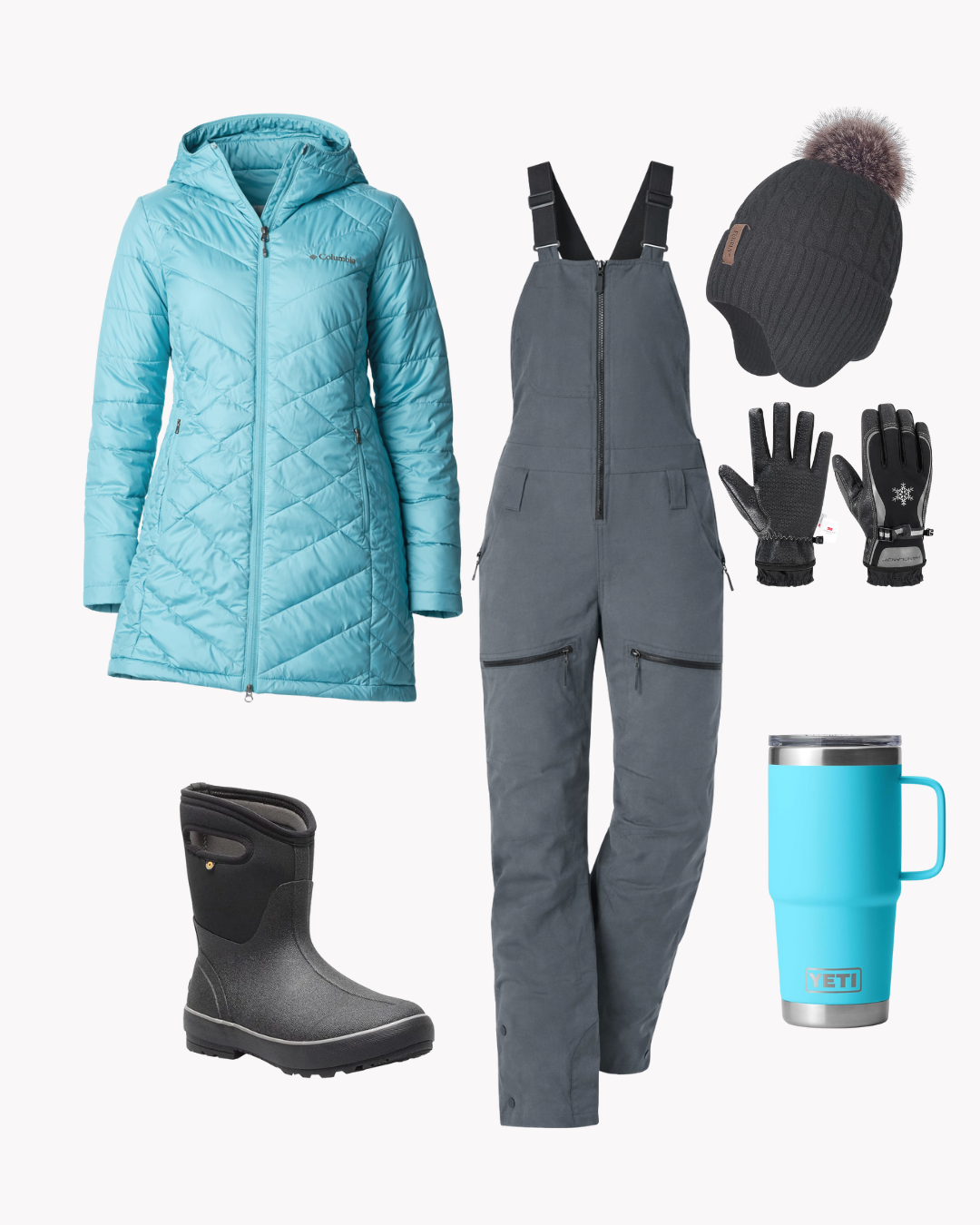 Cold-weather barn outfit with a long insulated coat, bib overalls, knit beanie, waterproof gloves, and farm boots for winter barn days.