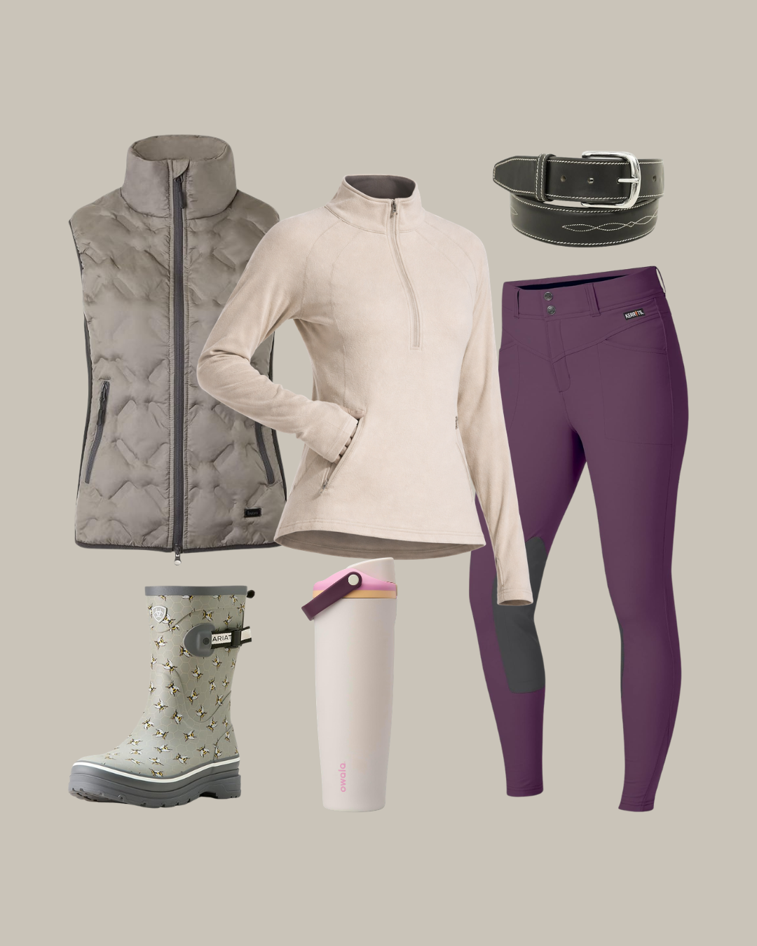 Spring barn outfit with brown vest, neutral fleece top, plum riding breeches, bee print rubber boots, and equestrian belt.