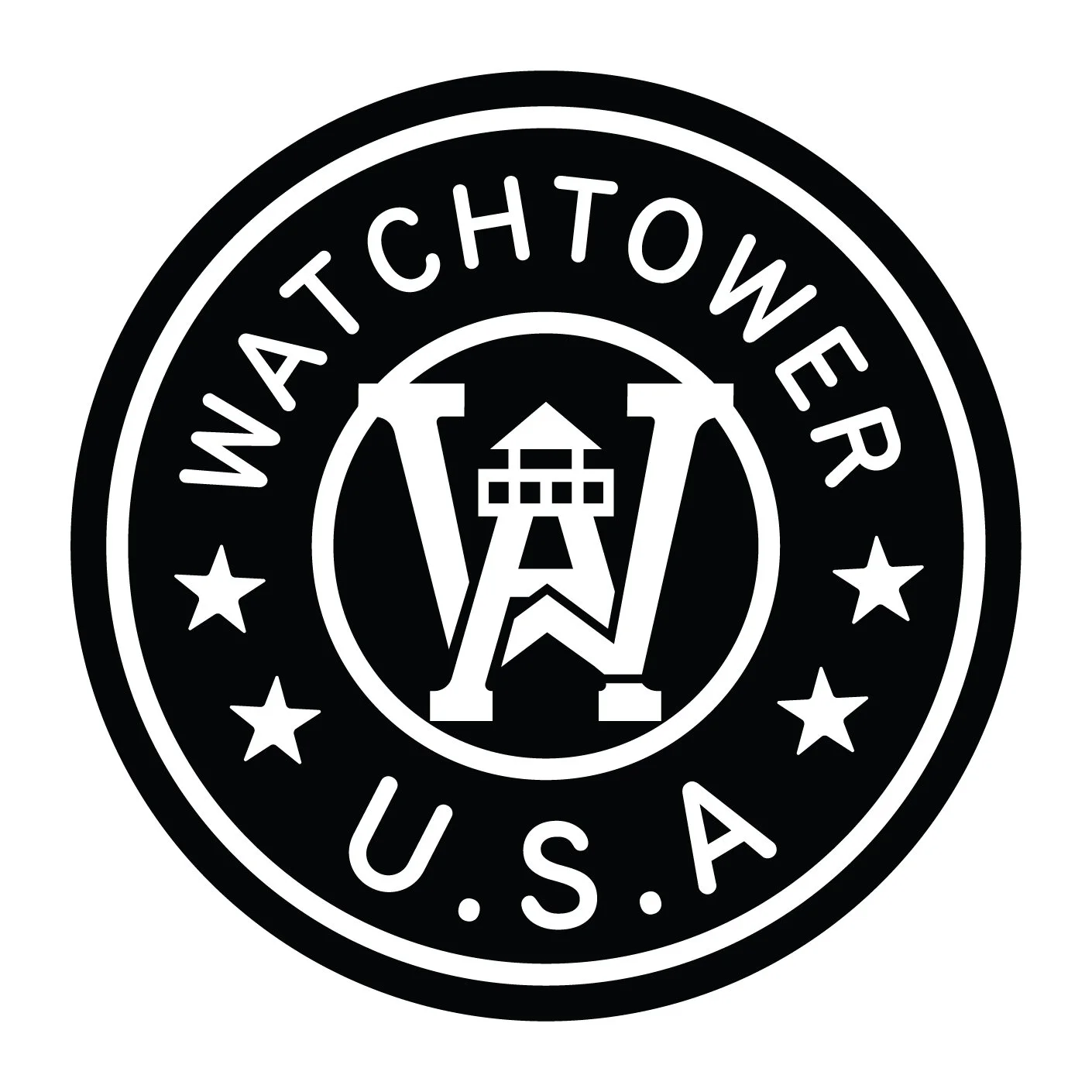 Black circular logo with the words "WATACTHOWER U.S.A." and a stylized water tower in the center