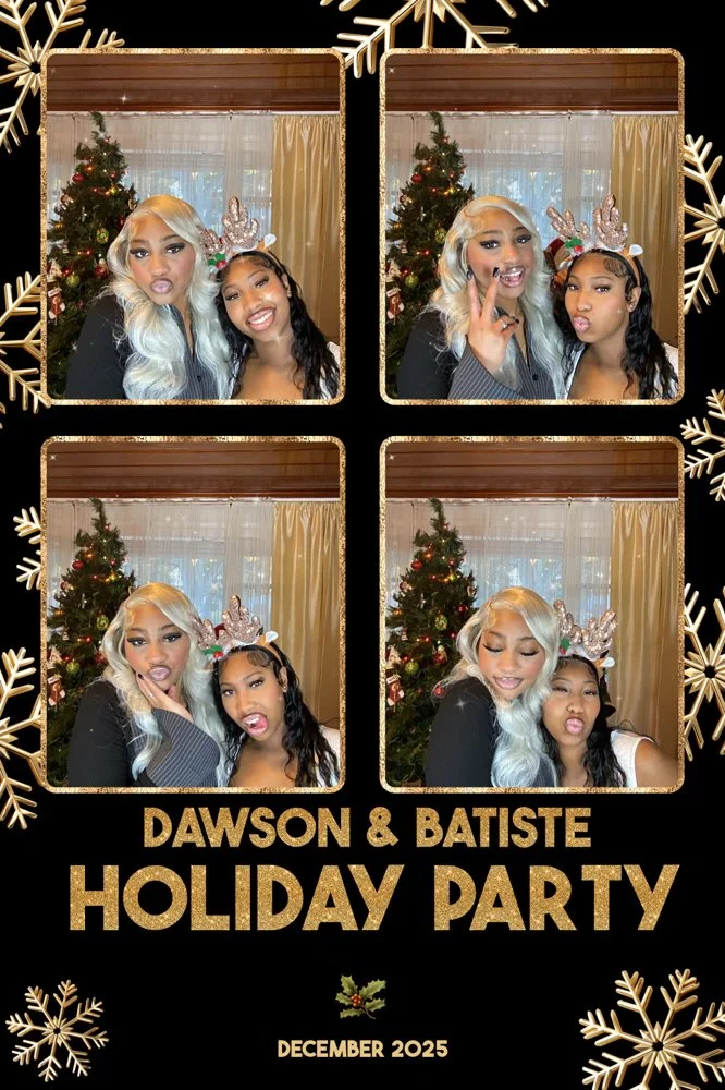 Kee Kreates Photo Booth. Four selfie photos of two women in front of a Christmas tree, wearing holiday accessories, with gold and white snowflake decorations and text indicating a holiday party in December 2025.