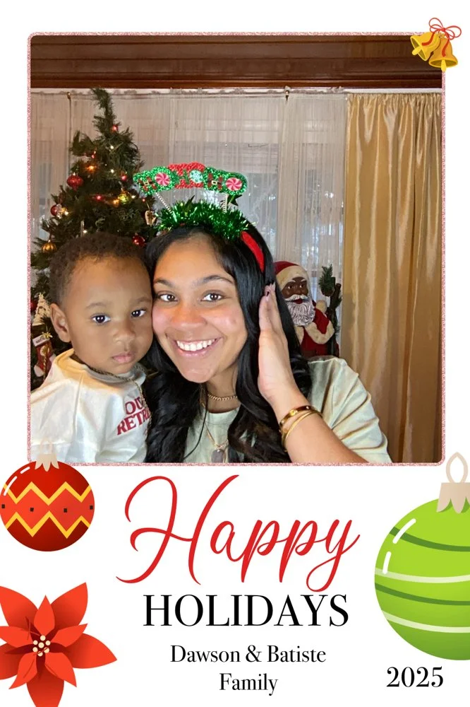 Kee Kreates Photo Booth. A woman and a young boy smiling for a holiday photo in front of a decorated Christmas tree, with Santa Claus in the background. The woman is wearing a festive headband with the words 'Merry Christmas' and has a big smile. 