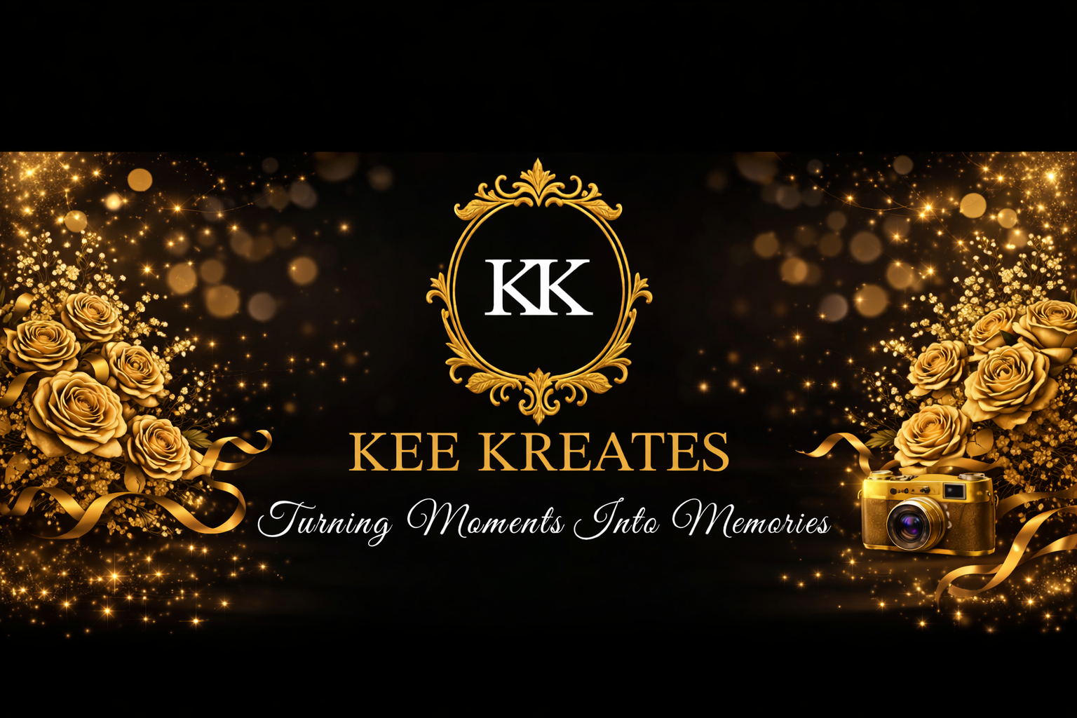 Kee Kreates Photo Booth. Black background with gold roses, sparkles, and text reading "KEE KREATES" and "Turning Moments Into Memories". Gold camera on the right with ribbons and floral decorations.