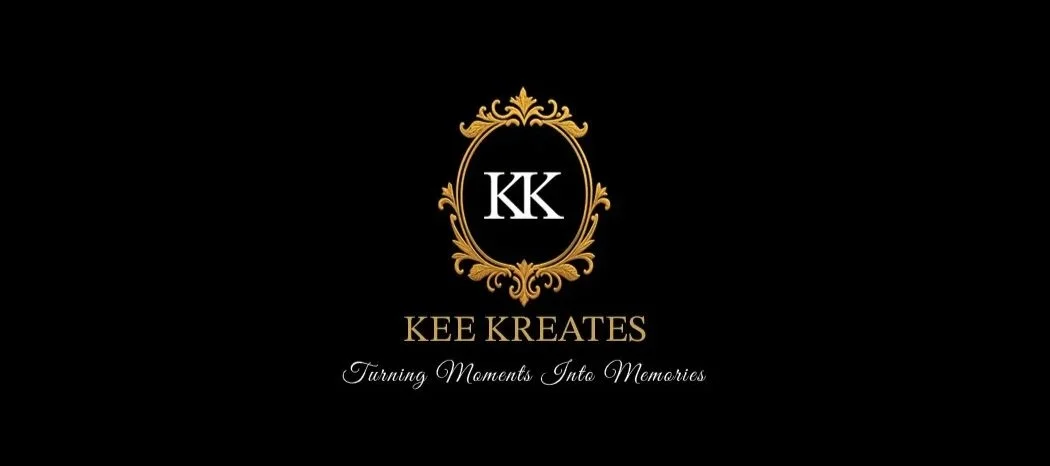Kee Kreates Photo Booth. Black background with a gold ornate crest and white text reading "KK" inside the crest, "KEE KREATES" and the tagline "Turning Moments Into Memories".