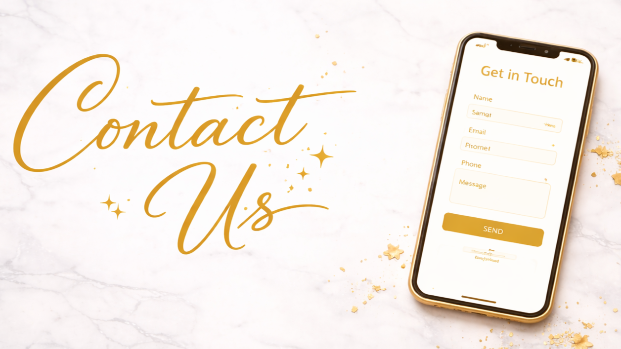 Contact Kee Kreates Photo Booth. Gold text reading 'Contact Us' and a smartphone displaying a contact form on a white marble background with gold confetti.