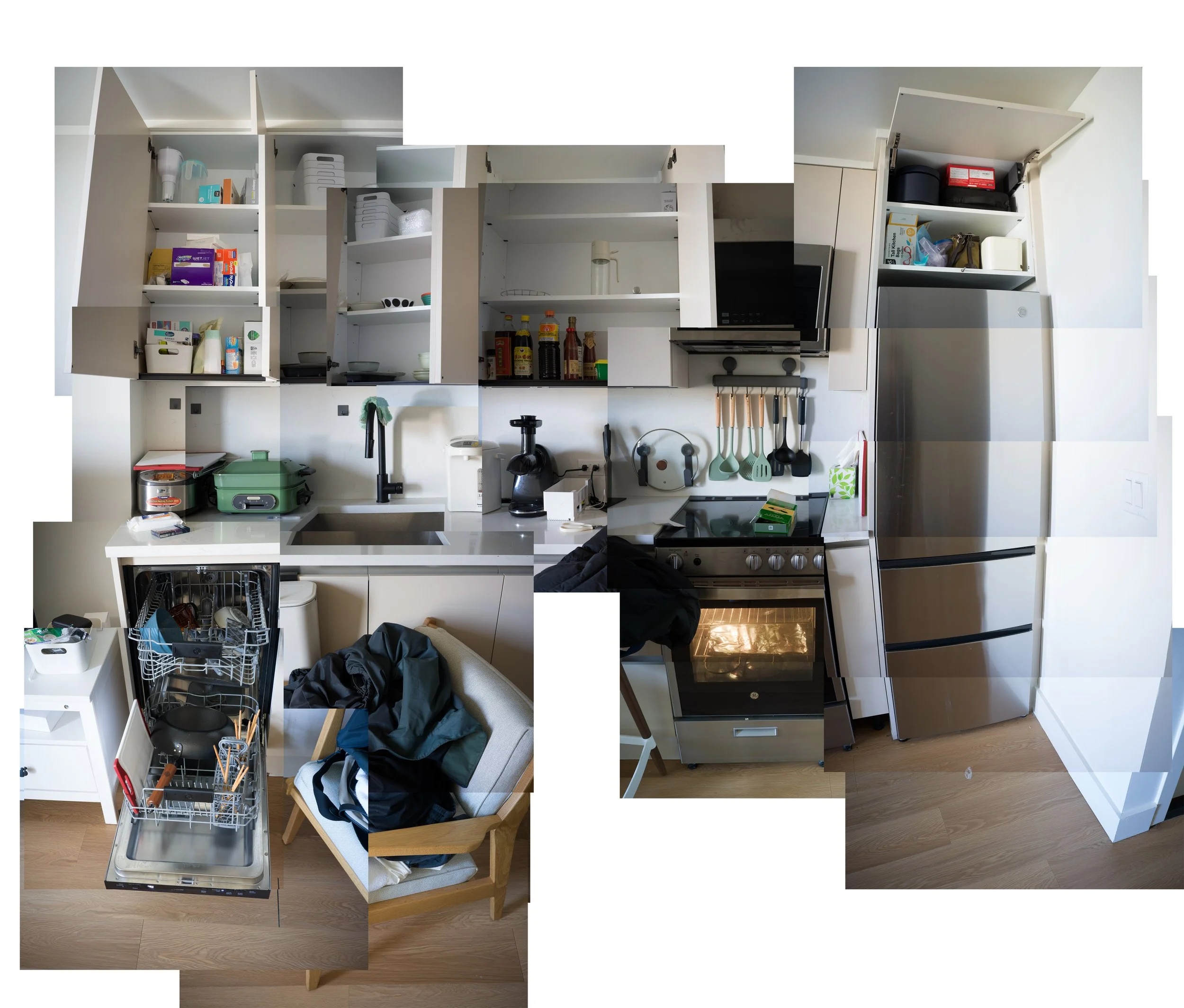 Collage of a modern kitchen with white cabinets, open shelves, a stainless steel refrigerator, oven, and dishwasher. Countertops with various small appliances and utensils. An armchair and a dishwasher with dishes inside are in the foreground.