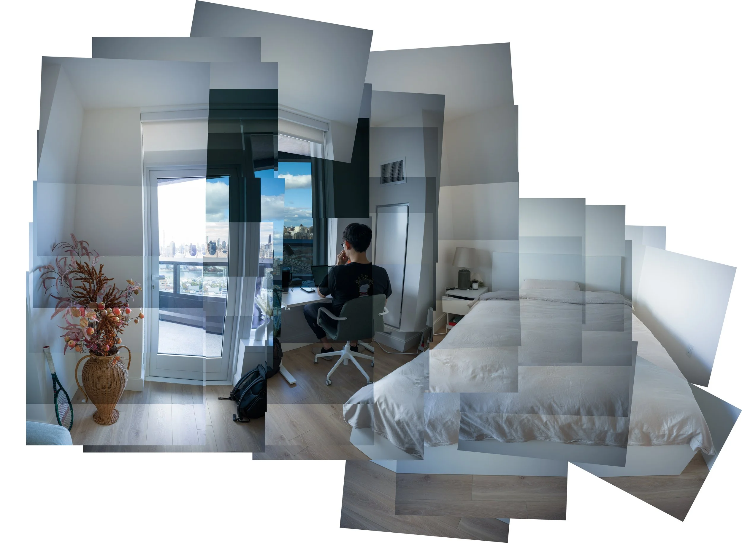 A collage of multiple overlapping images of a modern apartment interior, including a balcony with a city view, a person working at a desk, a bedroom with a bed and bedside table, and decorative elements like a plant and tennis racket.