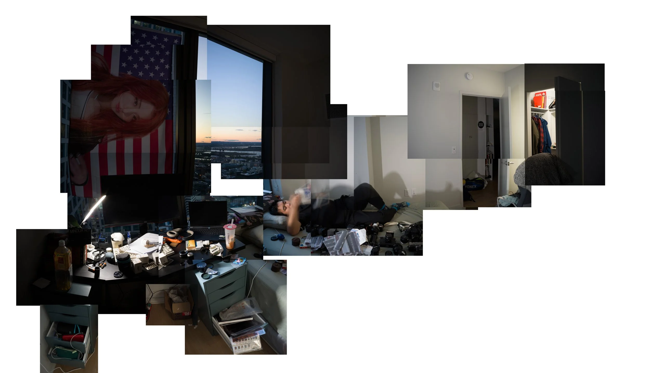 A cluttered desk with various items, a woman lying on a bed surrounded by cameras and electronics, a large window showing a cityscape at sunset, and a bedroom with an open closet and a person bent over.