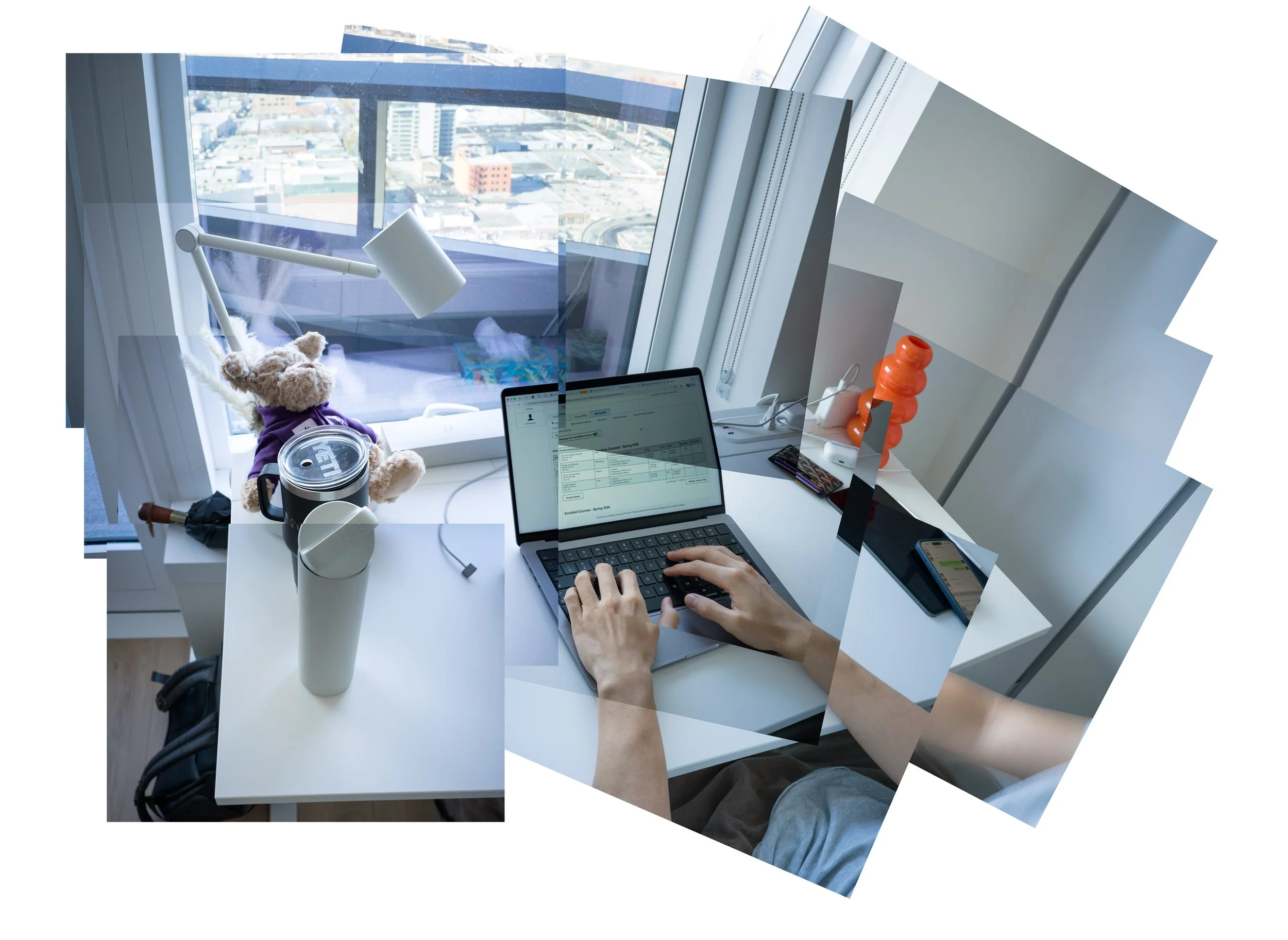A collage of a messy workspace with a laptop, a teddy bear, a water bottle, a coffee mug, a lamp, and a toy, set on a white desk next to a large window showing a cityscape outside.