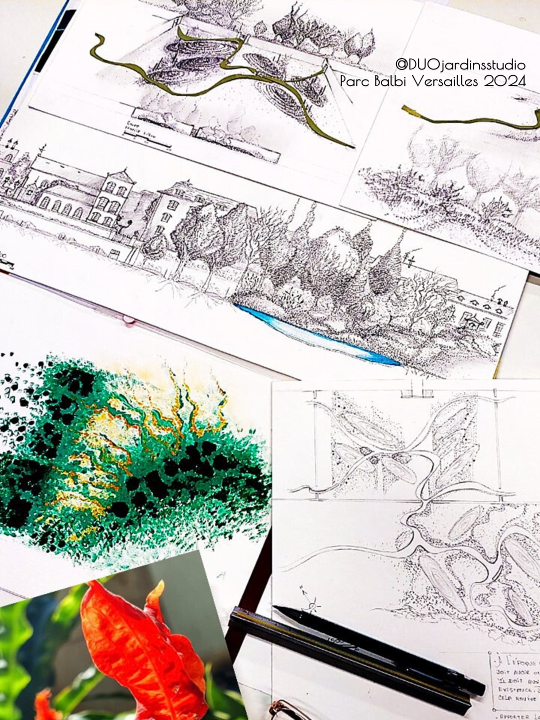 Dessins et croquis de paysages urbains et naturels, avec des détails de bâtiments, de végétation et de structures, ainsi qu'une photo d'une feuille rouge.