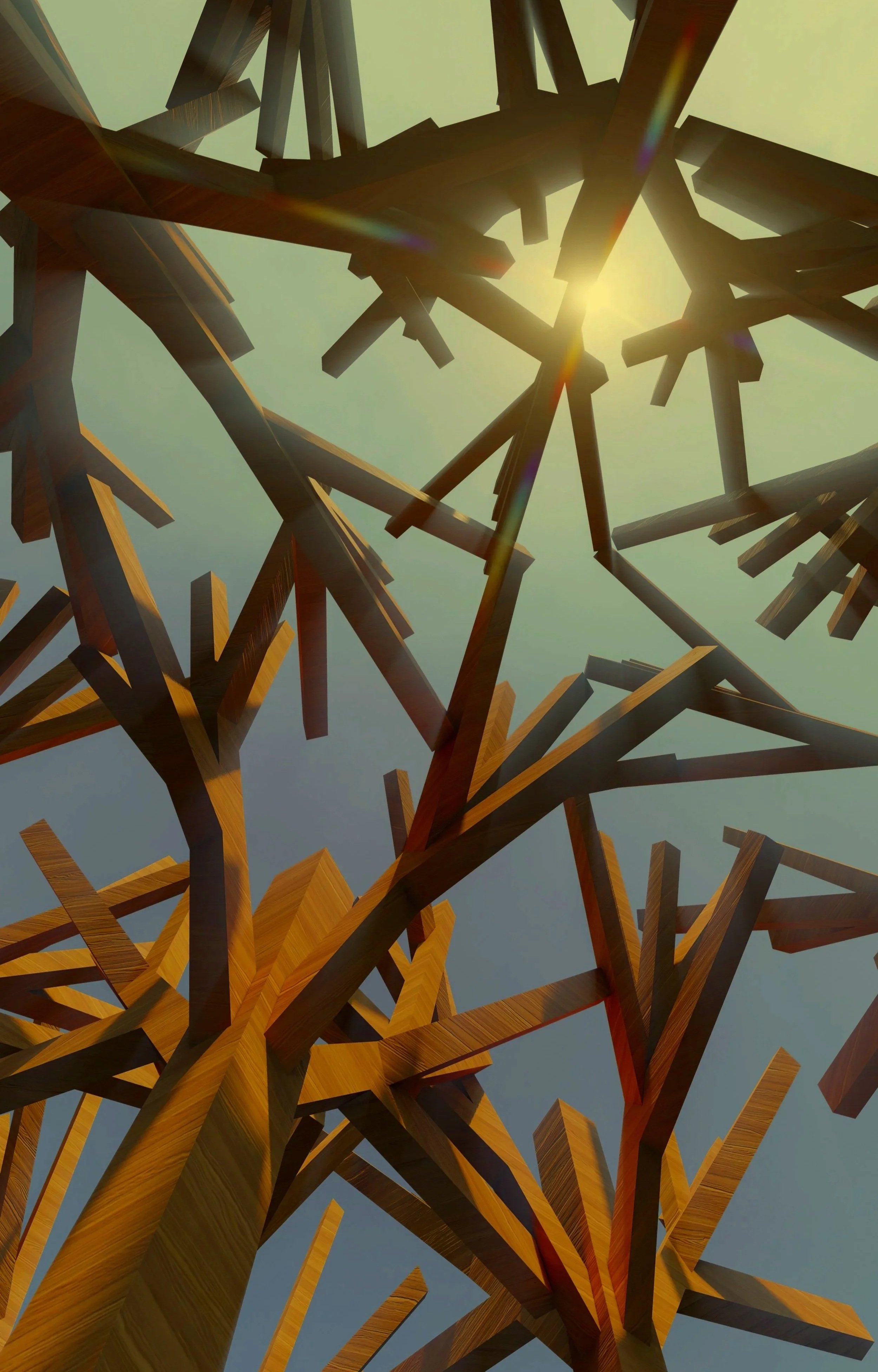 Une sculpture abstraite en bois formée de nombreuses branches ou branches stylisées, vues du dessous avec la lumière du soleil filtrant à travers.