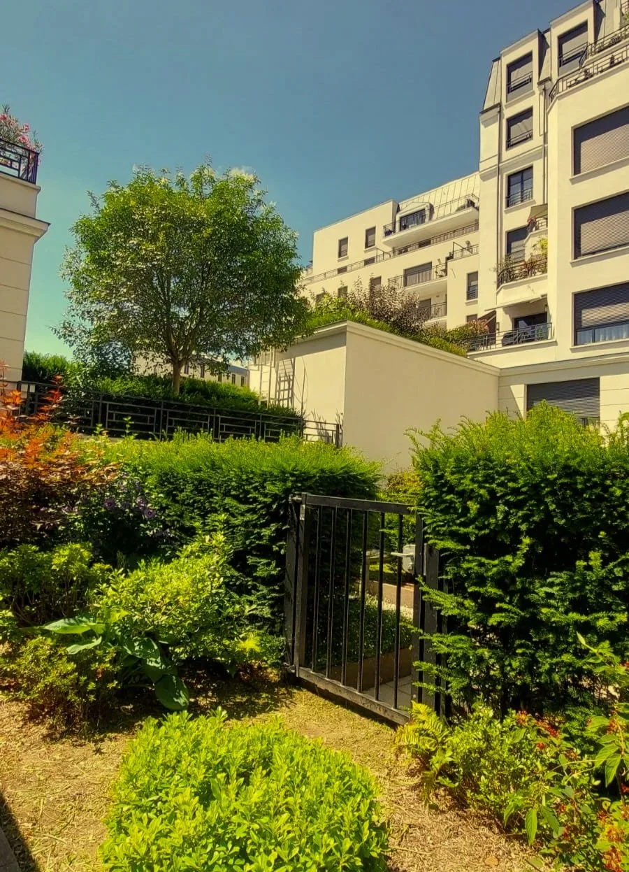 Jardin urbain avec arbustes, petite clôture en métal noir, grand arbre, immeubles résidentiels modernes en arrière-plan, ciel bleu clair.