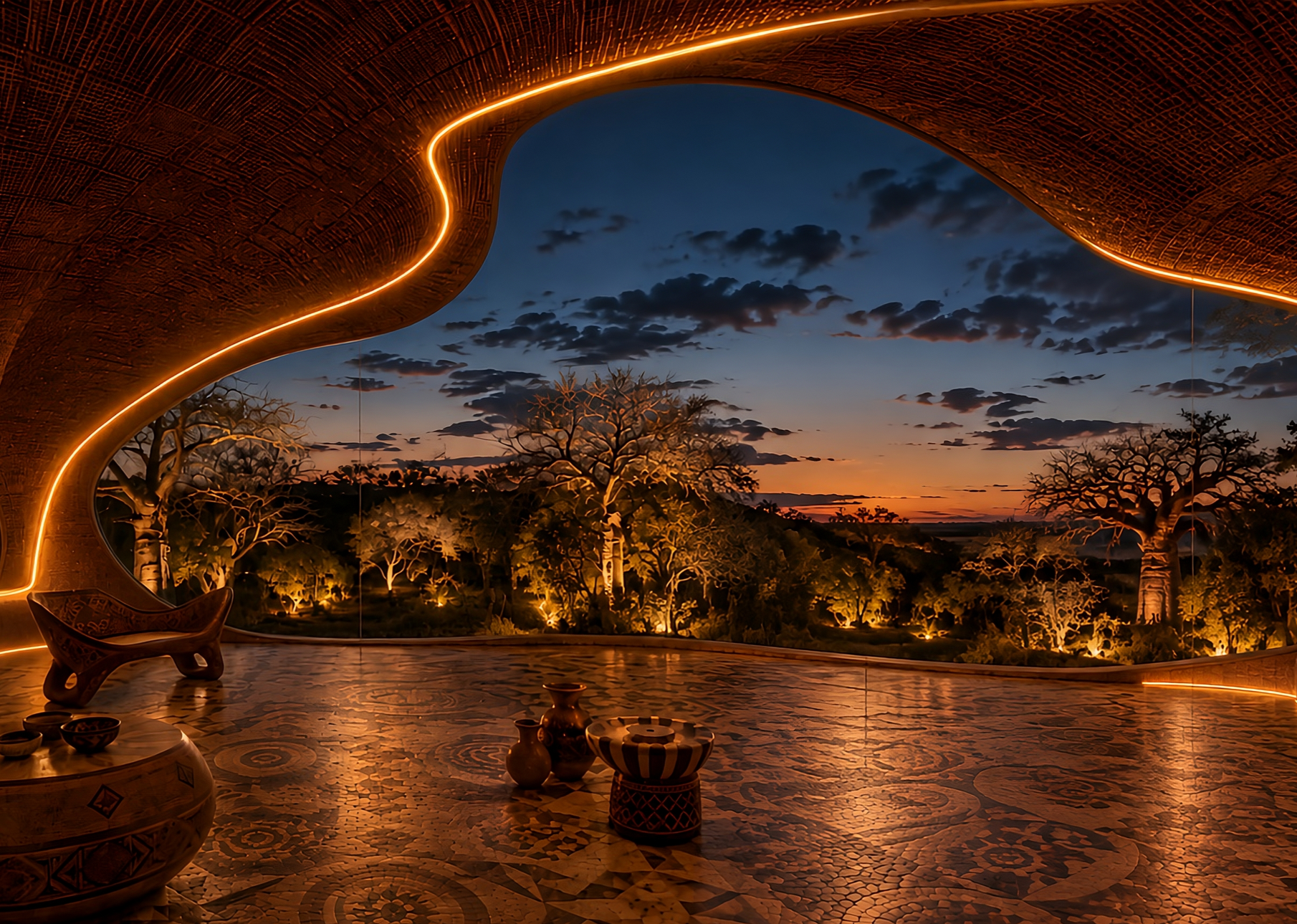 Inspiré par le fruit du baobab, le pavillon associe une architecture organique contemporaine à des techniques vernaculaires traditionnelles — terre, bois et fibres naturelles — dans une forme sculpturale évoquant la présence et la texture du baobab.