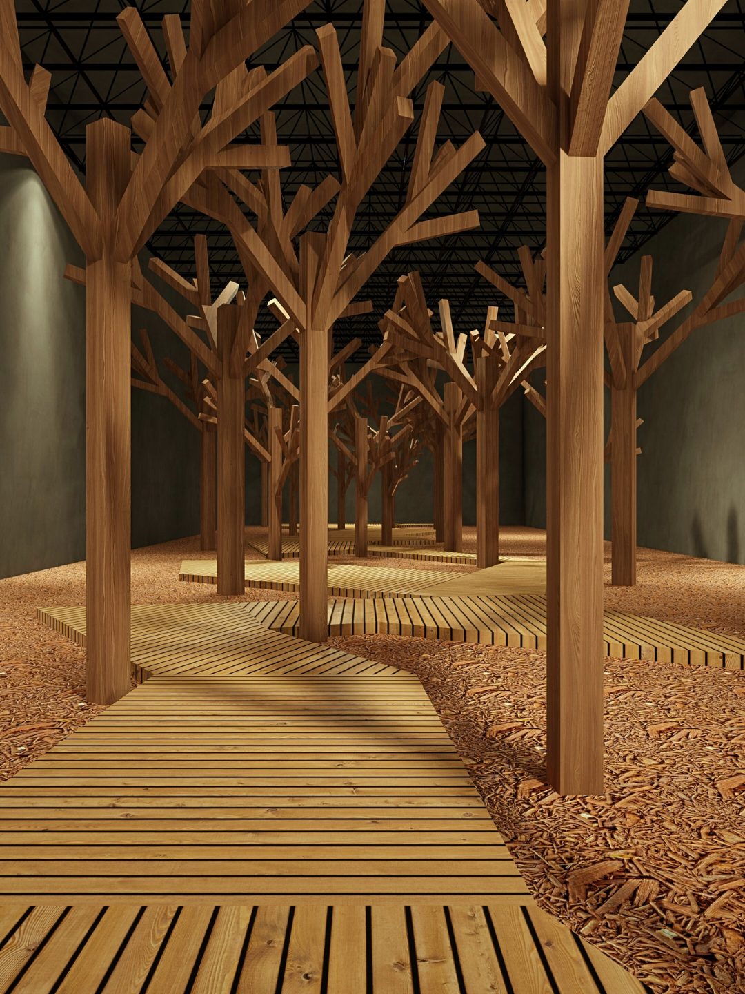 Allée intérieure avec des arbres en bois sculptés et un sol en bois, création artistique ou installation