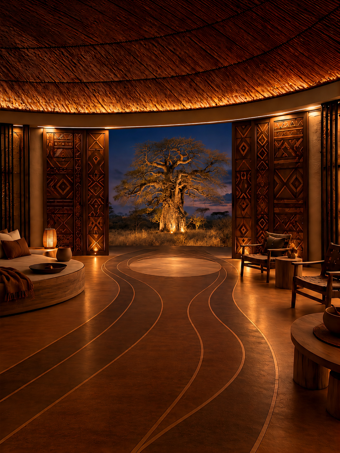 Pavillon inspiré des cubatas traditionnelles angolaises, reprenant leurs principes constructifs vernaculaires, articulés à un parcours inspiré de la graphie Sona, qui s’ouvre sur une clairière centrale et guide le regard vers le baobab centenaire.