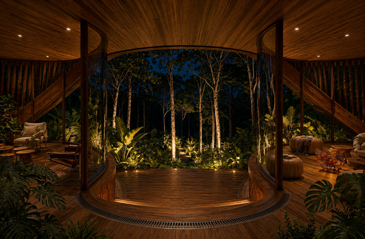 Pavillon inspiré de la carapace du tatou, dont le jardin prolonge le paysage et se fond dans la forêt.