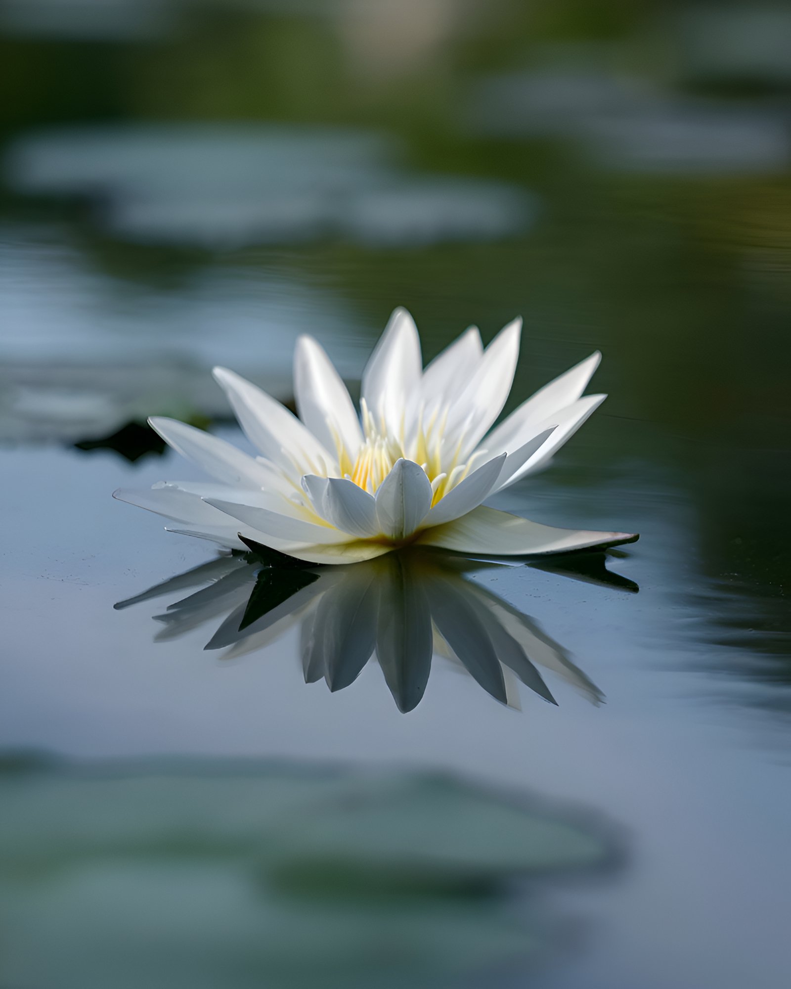 White water lily flower floating on water with reflection symbolizing grief in life's struggles.