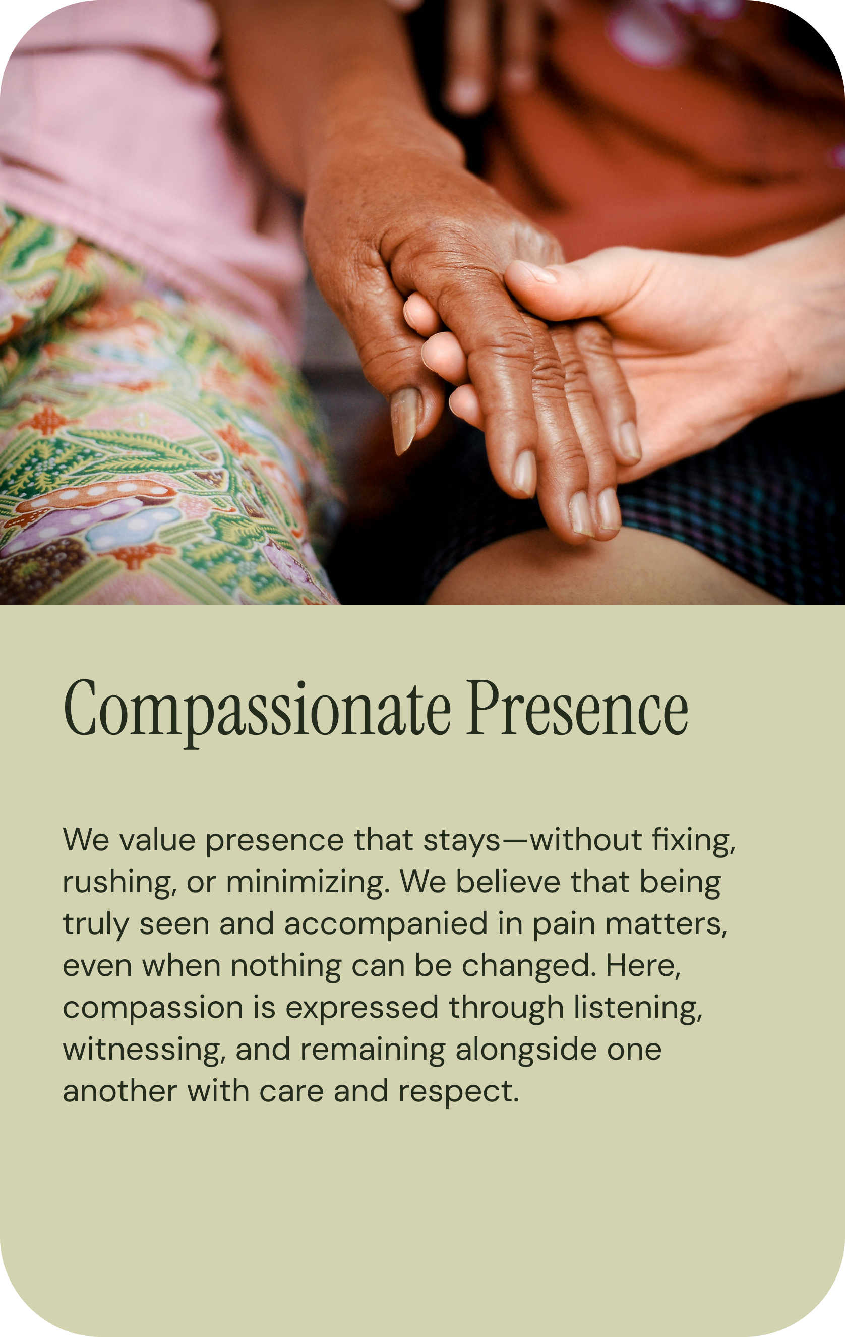 Close-up of two hands, one older and one younger, holding each other in a comforting embrace, image is part of a compassionate presence message.