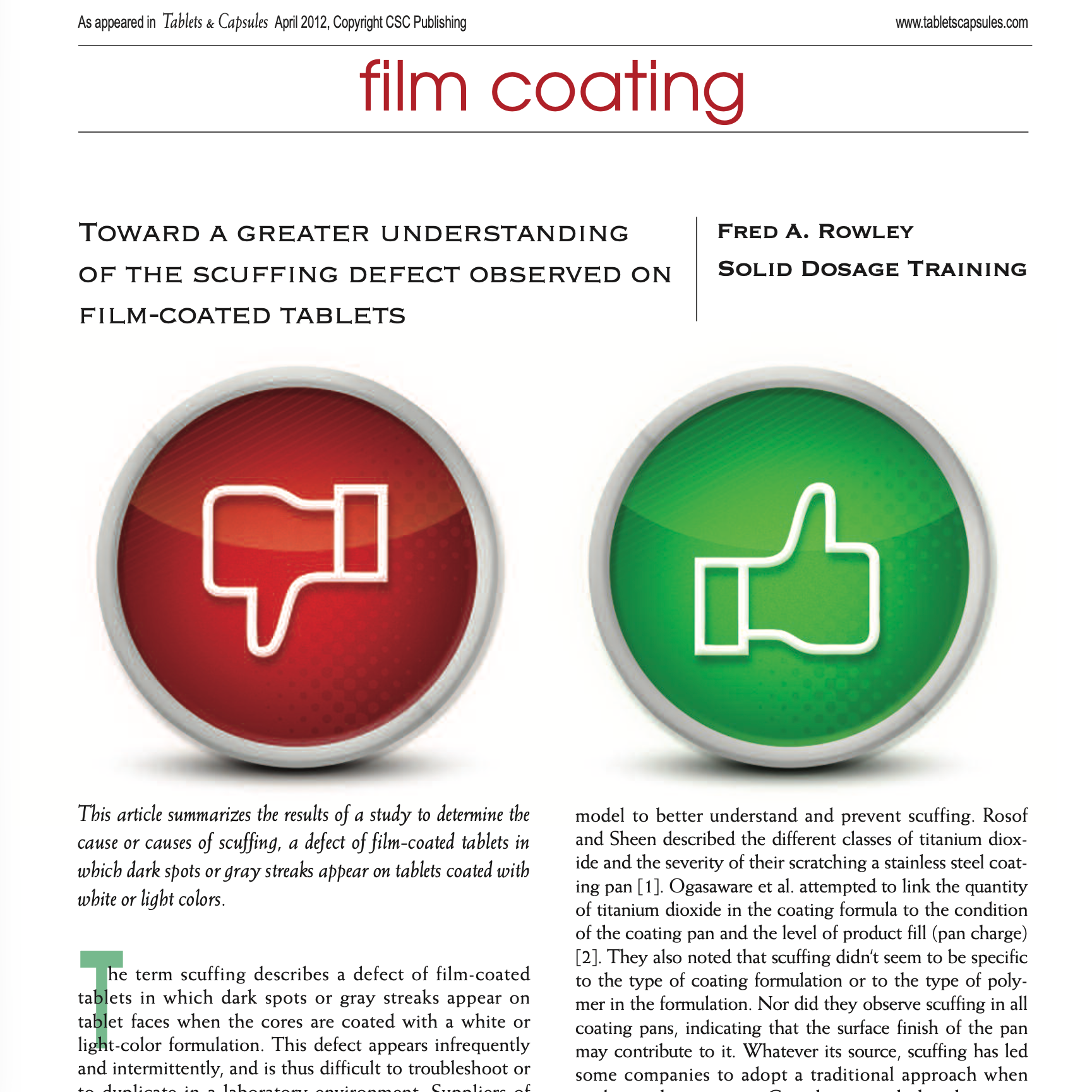 Page from a scientific article titled 'Film Coating,' showing two circular icons; one red with a thumbs down symbol, one green with a thumbs up symbol, discussing the study of scuffing defects on film-coated tablets.